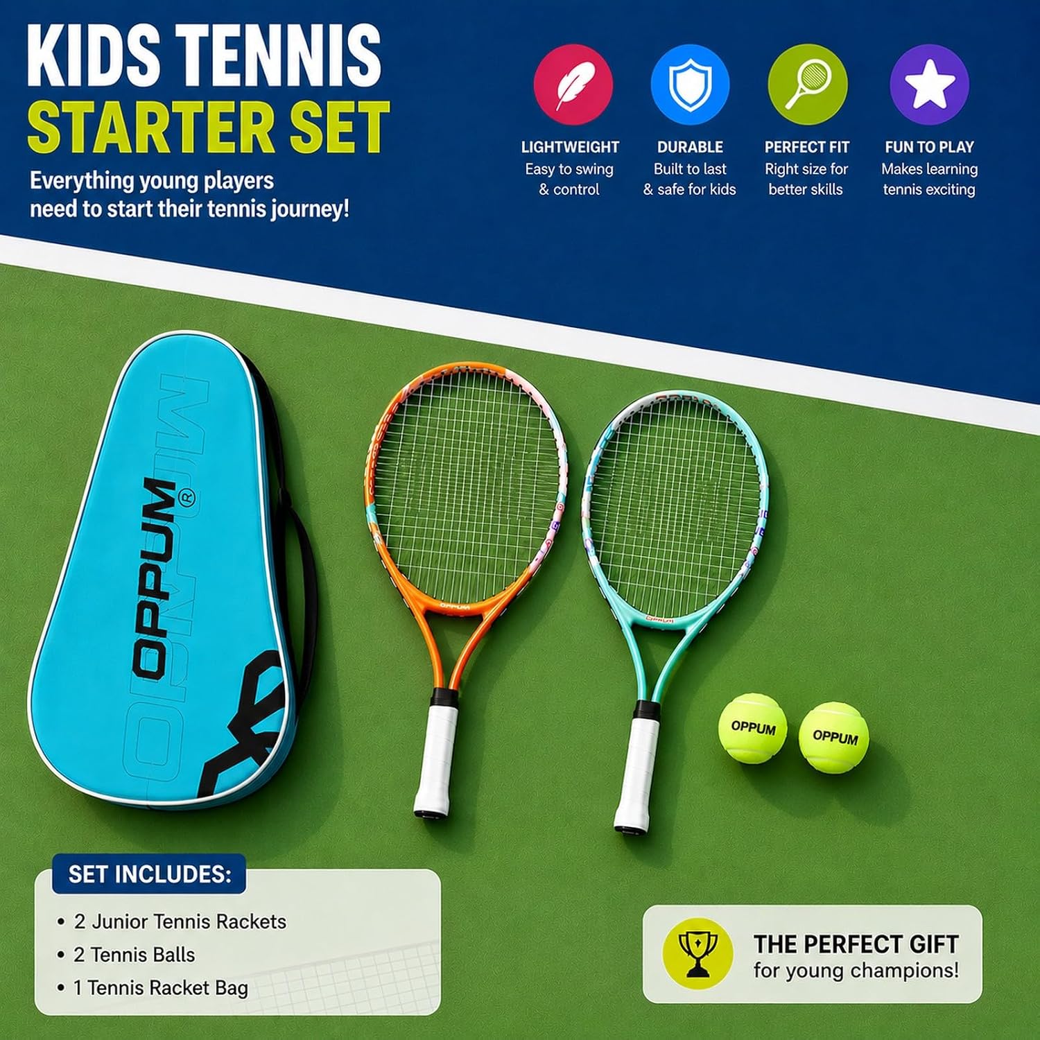 2-Pack Kids Tennis Racket Set, Junior Racquets with Bag and Balls - Tennis Mindset