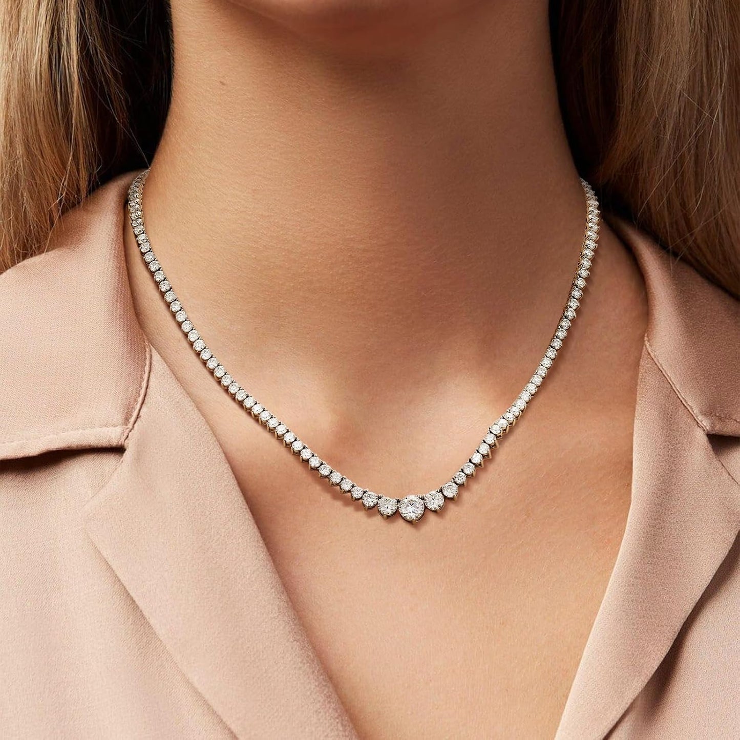Moissanite Tennis Necklace for Women,Gradual Round Cut,925 Sterling Silver - Tennis Mindset