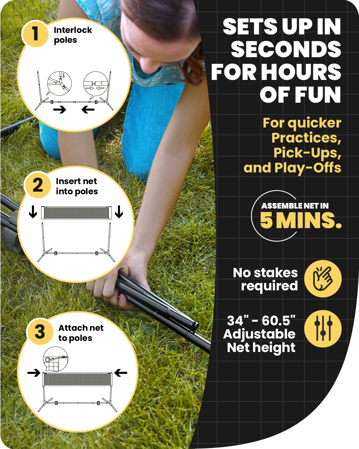 Boulder Portable Badminton Pickleball Net - Foldable/Extendable Poles for Multiple Sports Heights (UP to 5 ft) - Ideal for Tennis, Pickleball, Soccer Tennis - Easy Setup - Tennis Mindset