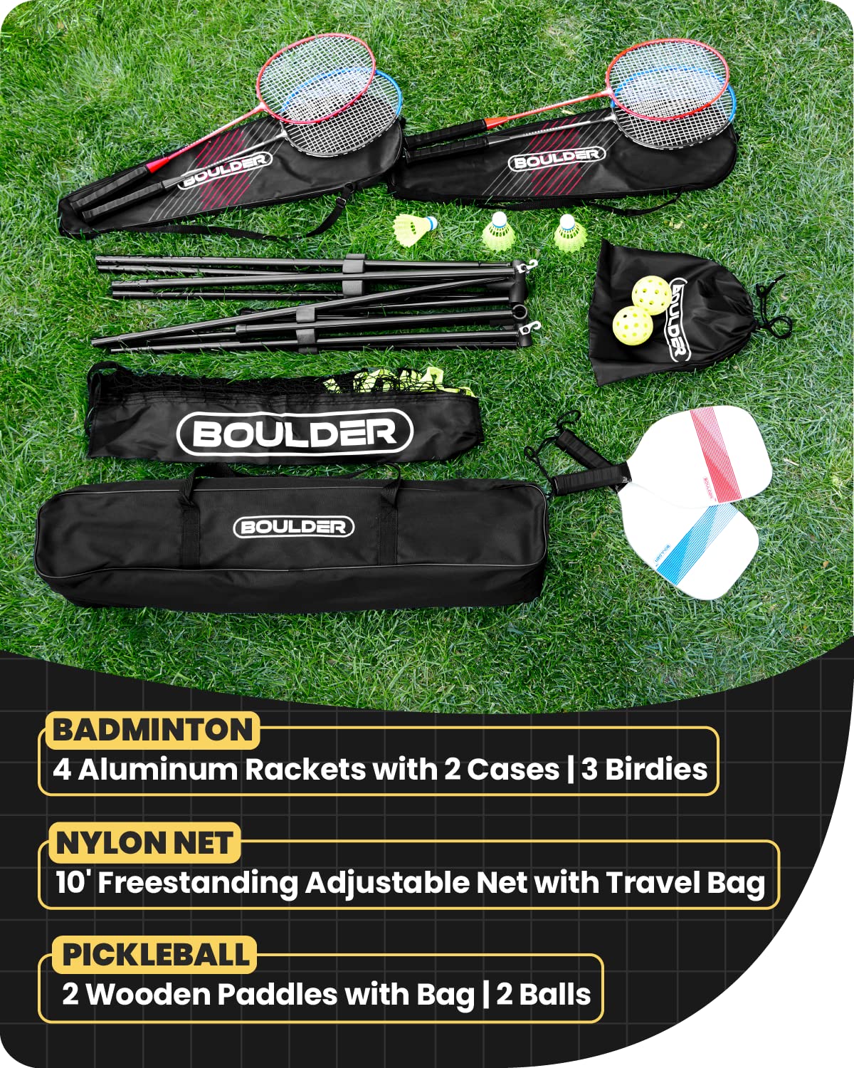 Boulder Portable Badminton Pickleball Net - Foldable/Extendable Poles for Multiple Sports Heights (UP to 5 ft) - Ideal for Tennis, Pickleball, Soccer Tennis - Easy Setup - Tennis Mindset