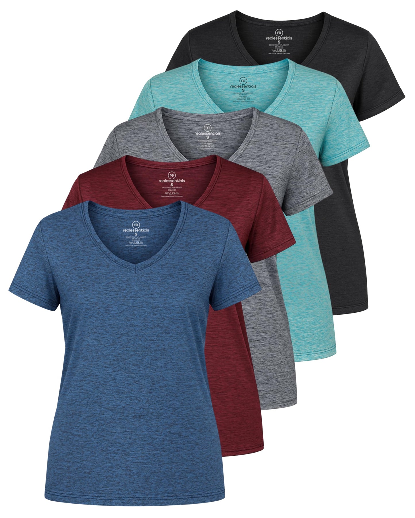 Real Essentials 5 Pack: Women's Dry-Fit Short Sleeve V Neck T Shirt Workout Fitness Yoga Top Tee (Available in Plus Size)