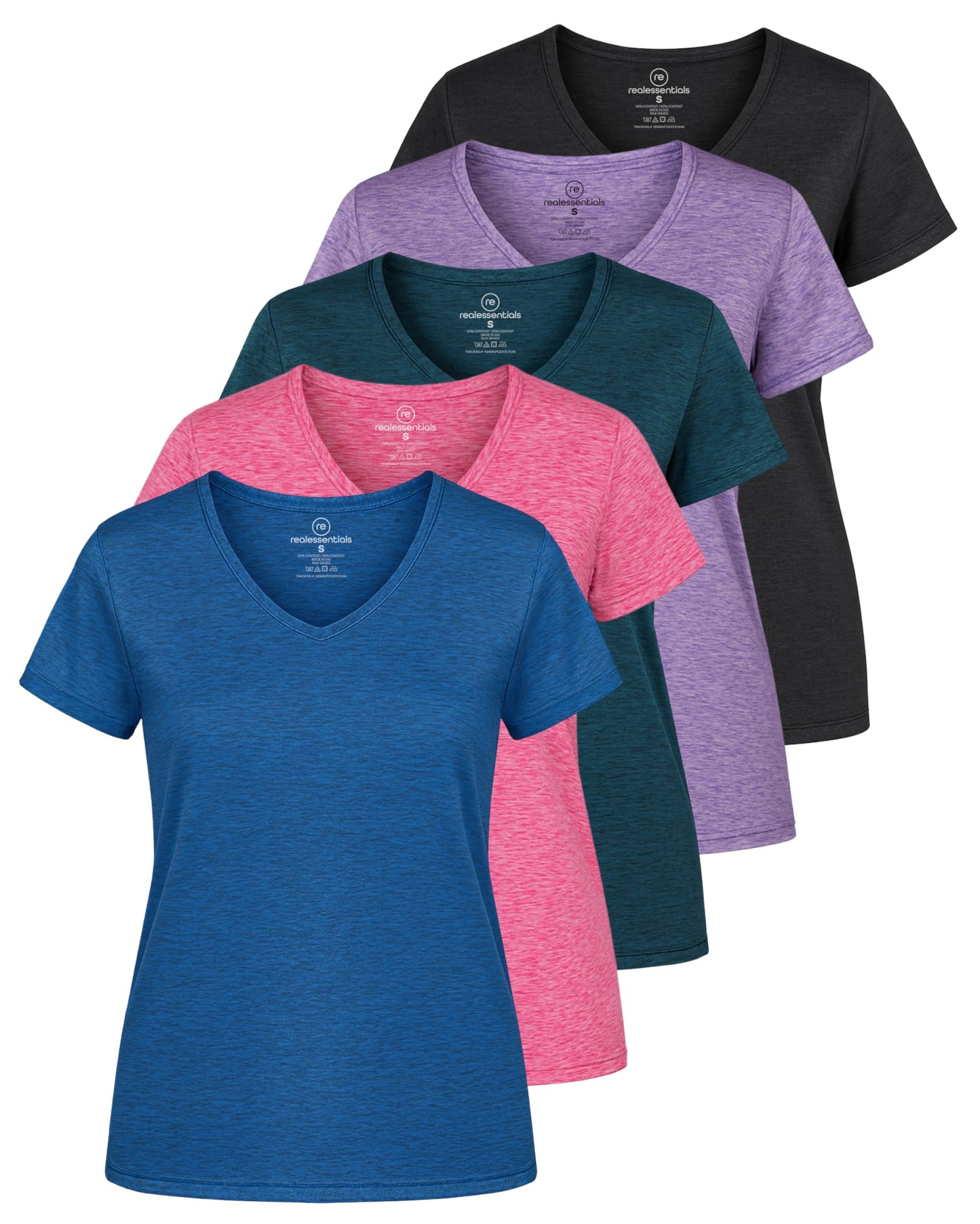 Real Essentials 5 Pack: Women's Dry-Fit Short Sleeve V Neck T Shirt Workout Fitness Yoga Top Tee (Available in Plus Size)