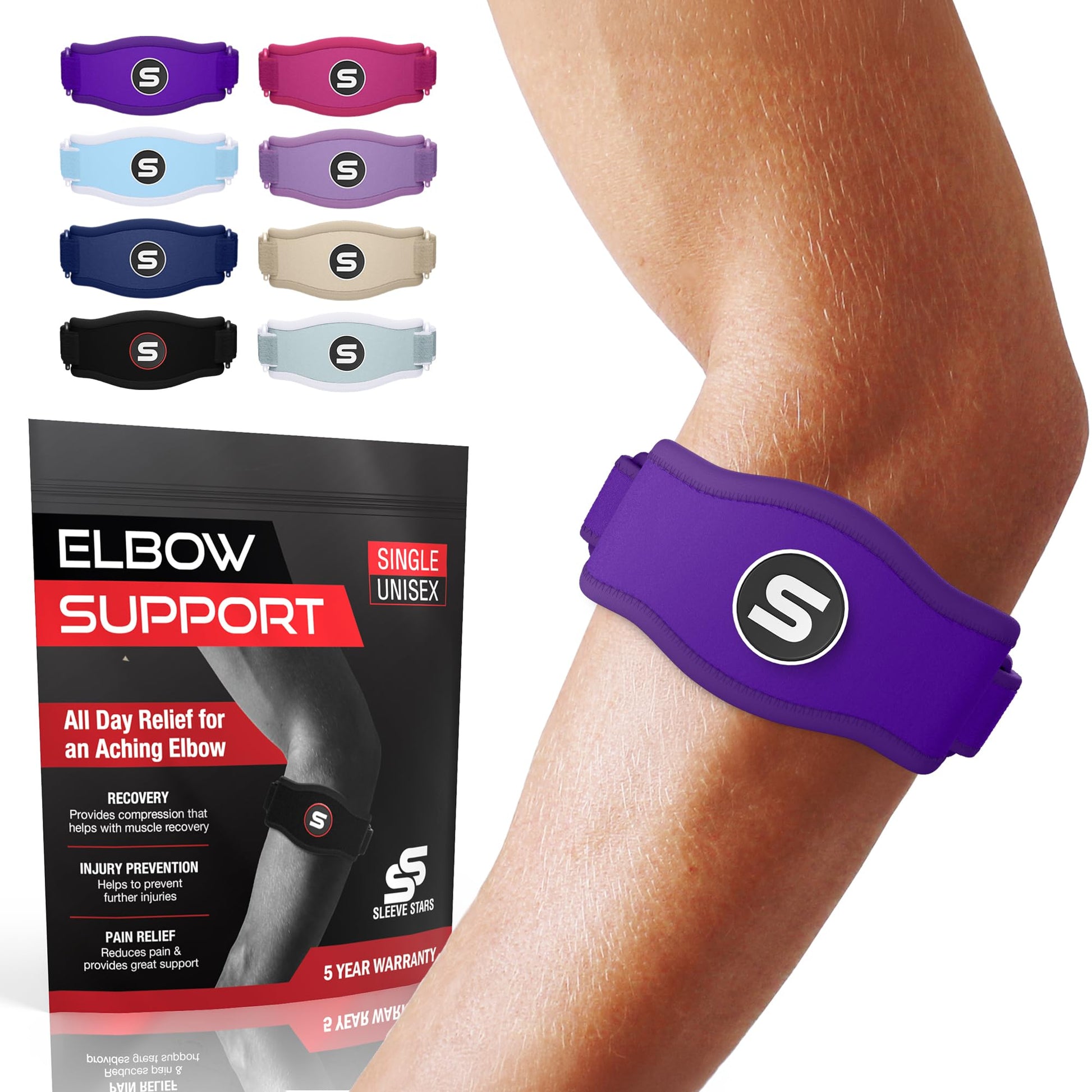 Sleeve Stars Tennis Elbow Brace for Men & Women, Elbow Brace for Tendonitis, Tennis Elbow Strap, Golfers Elbow Brace, Elbow Support Wrap for Tennis Elbow Relief, Fits 9"-23" (Single/Black) - Tennis Mindset
