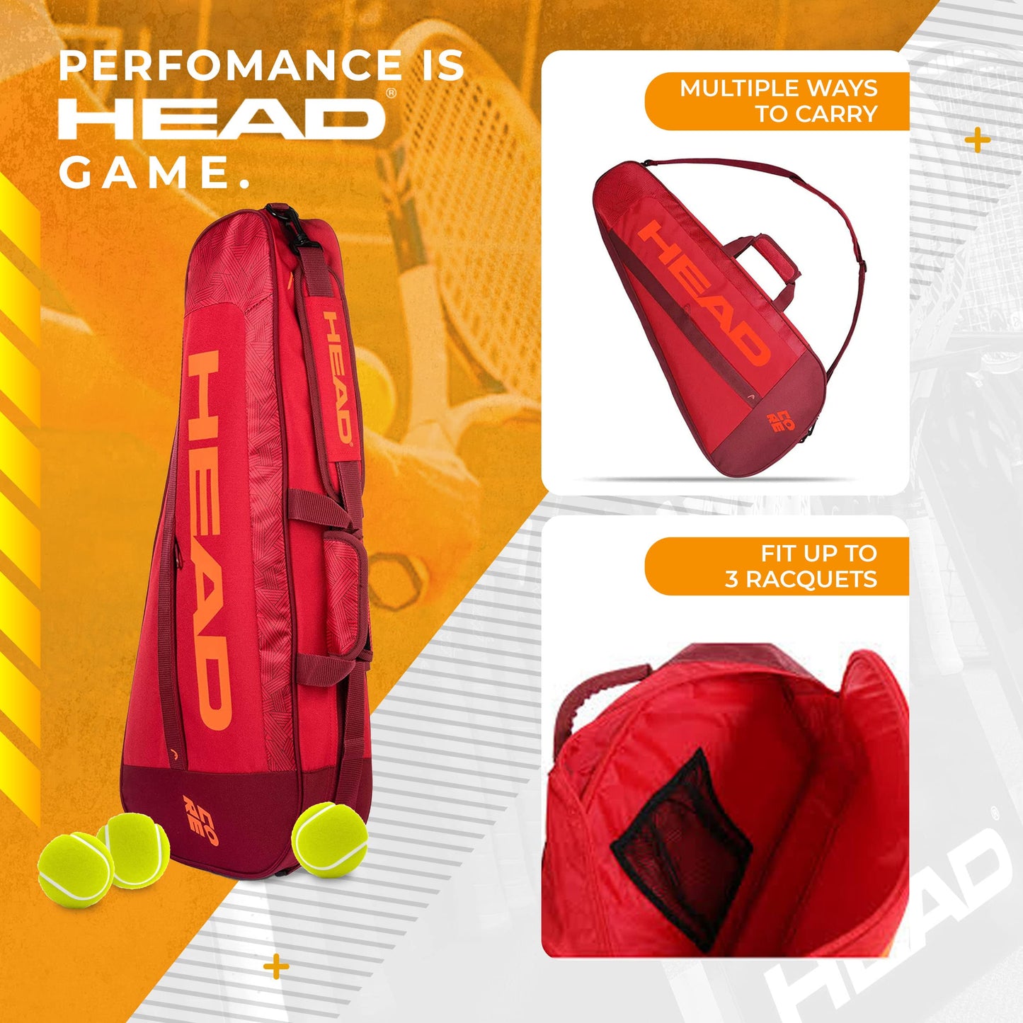 HEAD Core 3R Pro Tennis Racquet Bag - Holds 3 Racquets, Adjustable Strap - Tennis Mindset