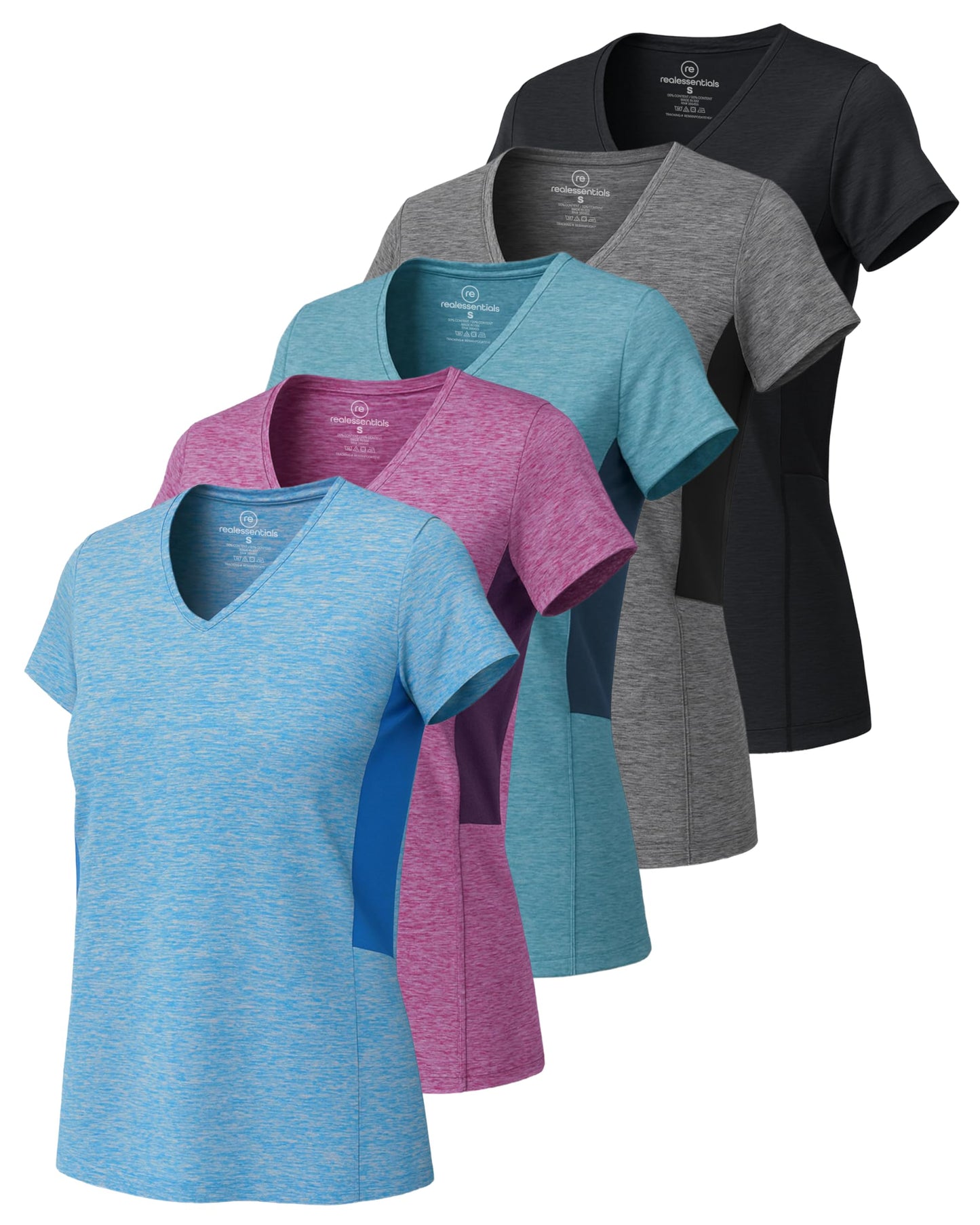 Real Essentials 5 Pack: Women's Dry-Fit Short Sleeve V Neck T Shirt Workout Fitness Yoga Top Tee (Available in Plus Size)
