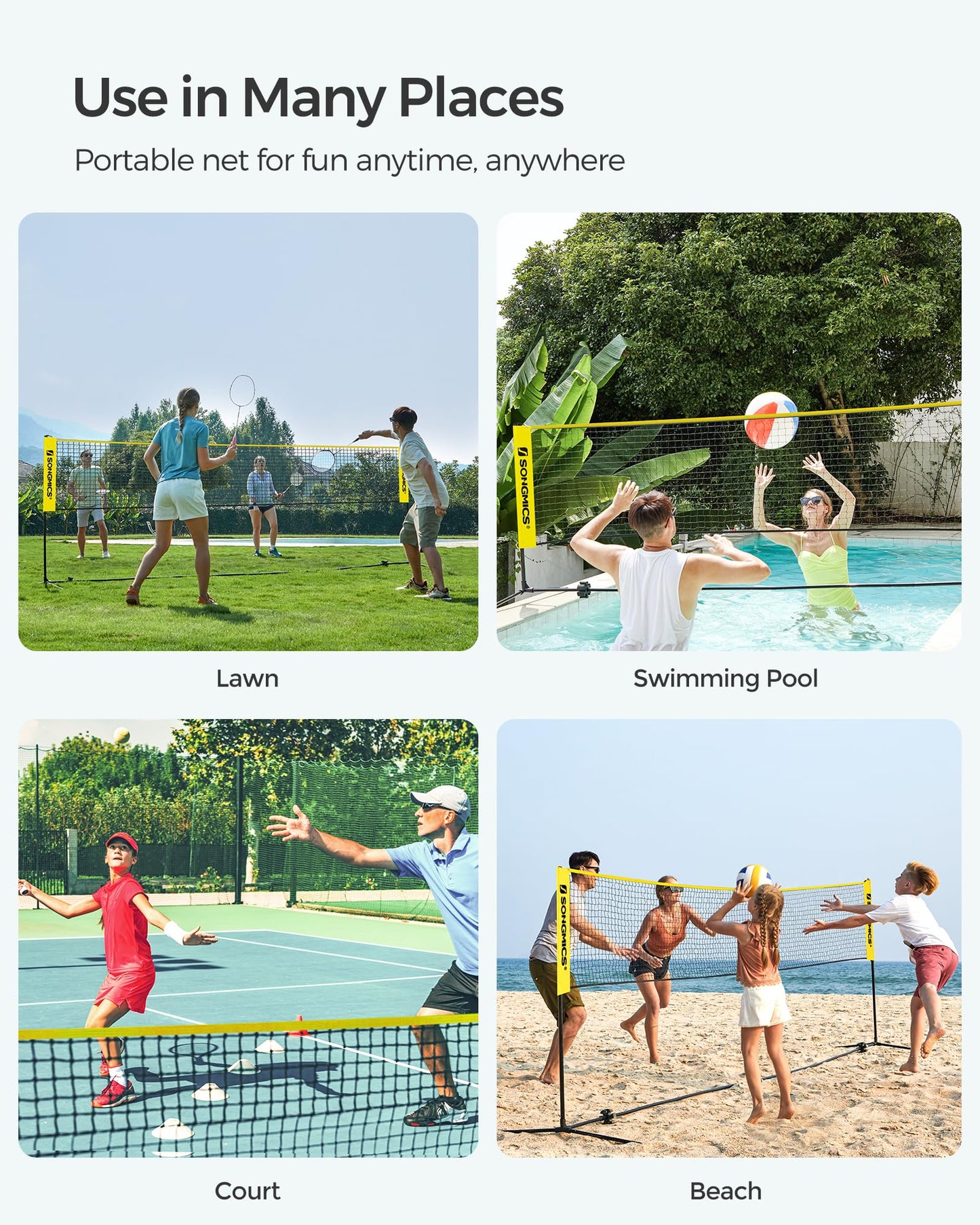 SONGMICS Badminton Net, Height Adjustable Volleyball Net, Pickleball Net for Junior Tennis, Kids, Indoor Outdoor Court, Foldable Nylon Net with Poles 10ft/13ft/16.5ft Wide - Tennis Mindset