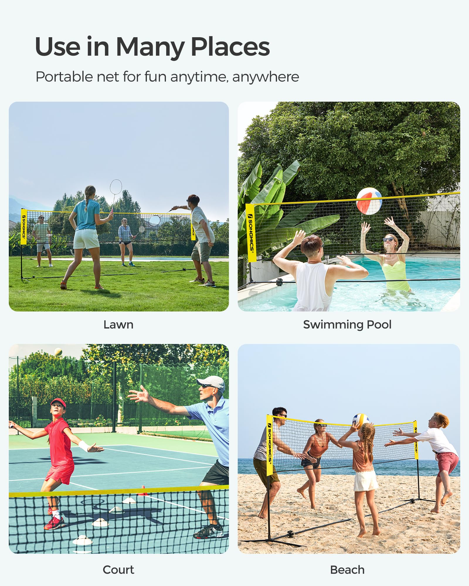 SONGMICS Badminton Net, Height Adjustable Volleyball Net, Pickleball Net for Junior Tennis, Kids, Indoor Outdoor Court, Foldable Nylon Net with Poles 10ft/13ft/16.5ft Wide - Tennis Mindset