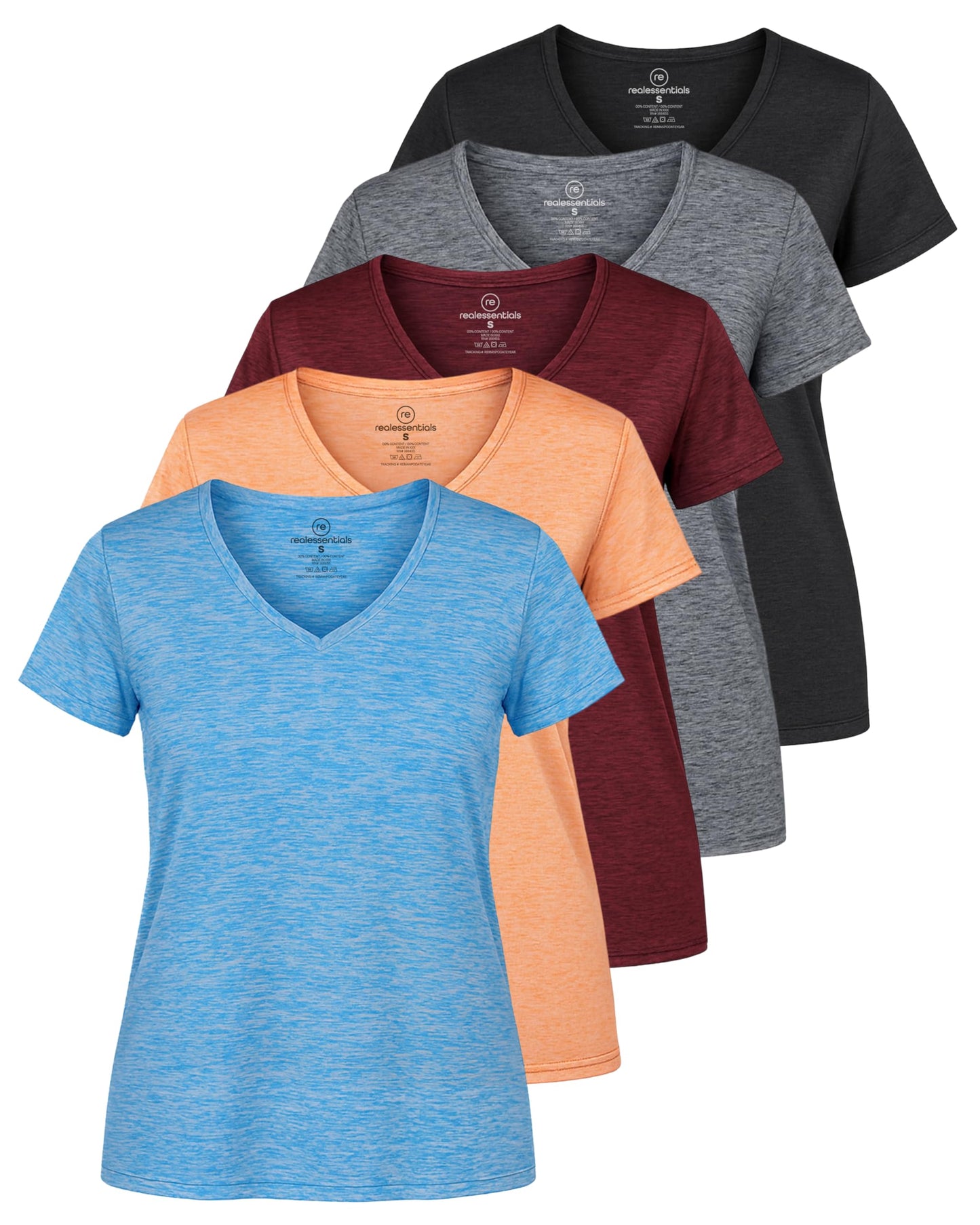Real Essentials 5 Pack: Women's Dry-Fit Short Sleeve V Neck T Shirt Workout Fitness Yoga Top Tee (Available in Plus Size)