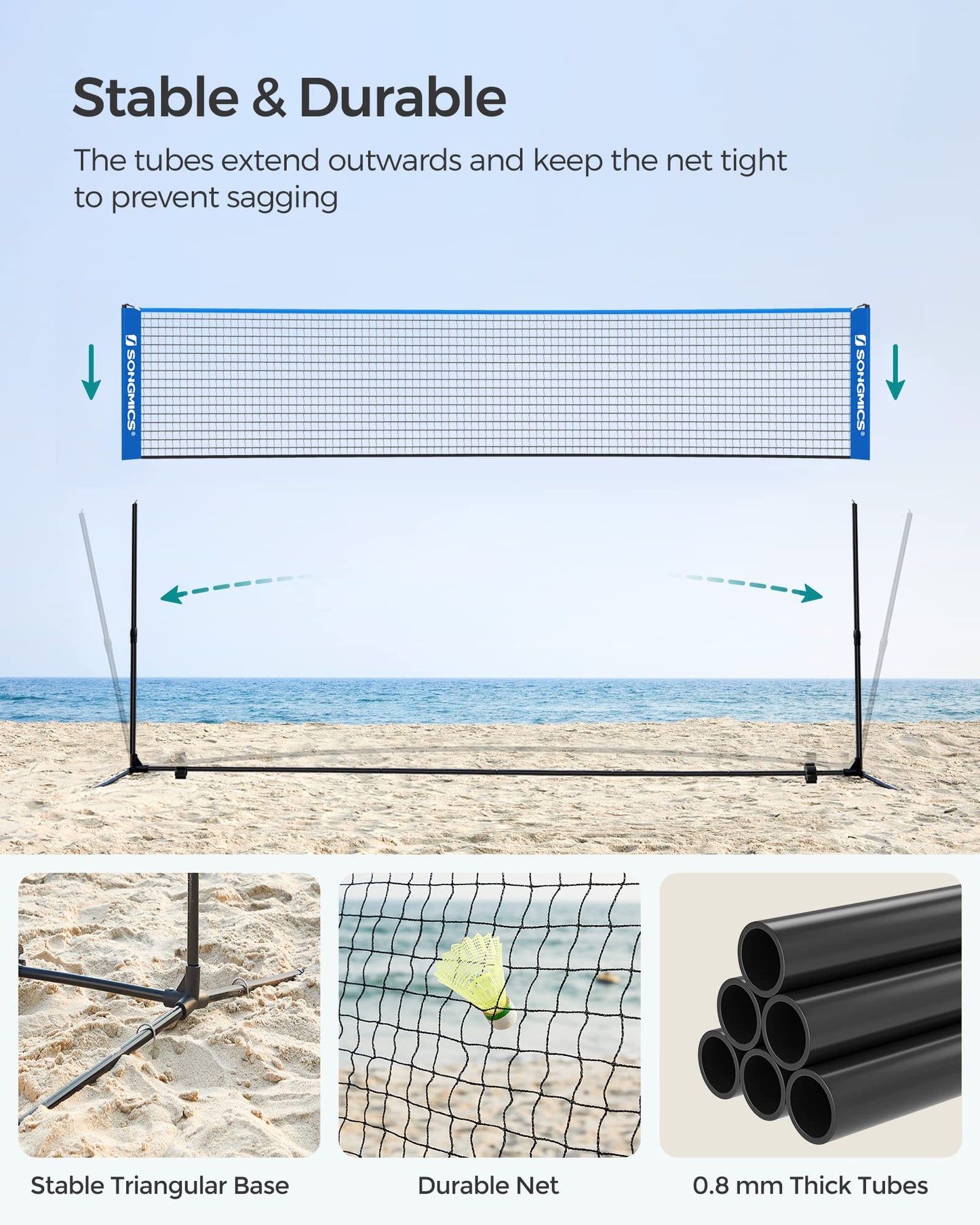 SONGMICS Badminton Net, Height Adjustable Volleyball Net, Pickleball Net for Junior Tennis, Kids, Indoor Outdoor Court, Foldable Nylon Net with Poles 10ft/13ft/16.5ft Wide - Tennis Mindset