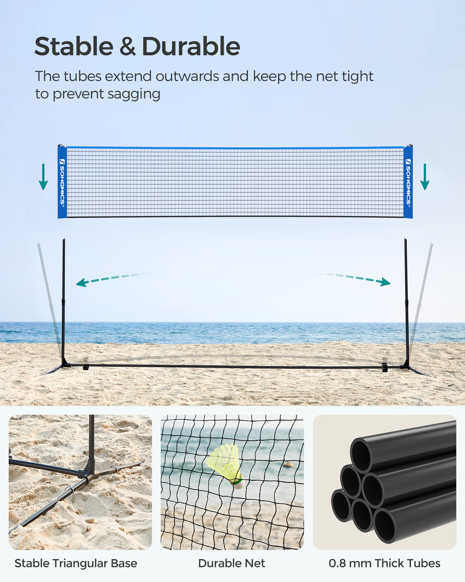 SONGMICS Badminton Net, Height Adjustable Volleyball Net, Pickleball Net for Junior Tennis, Kids, Indoor Outdoor Court, Foldable Nylon Net with Poles 10ft/13ft/16.5ft Wide - Tennis Mindset