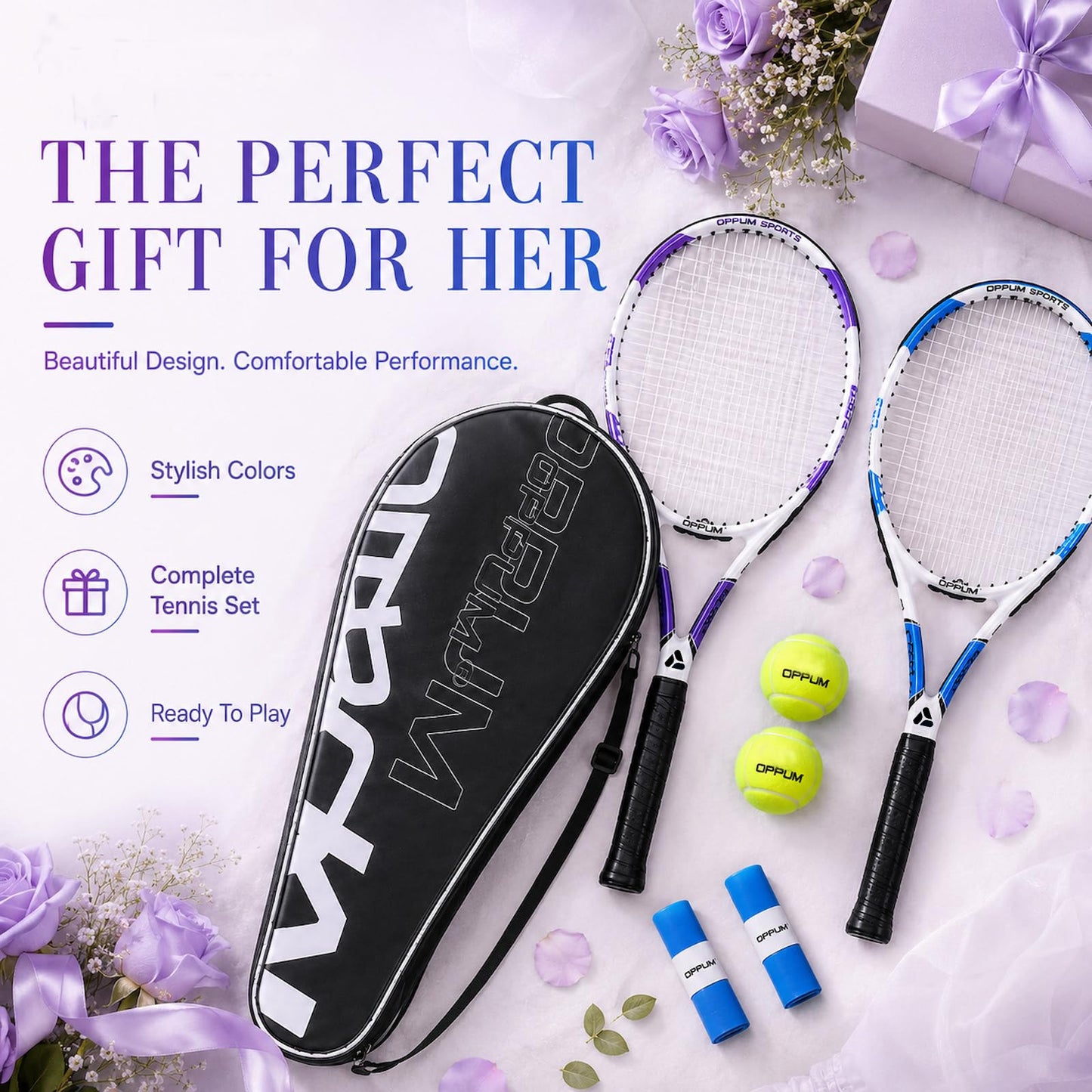 Adult Tennis Racket Set of 2, 27 Inch Pre-Strung for Beginners
