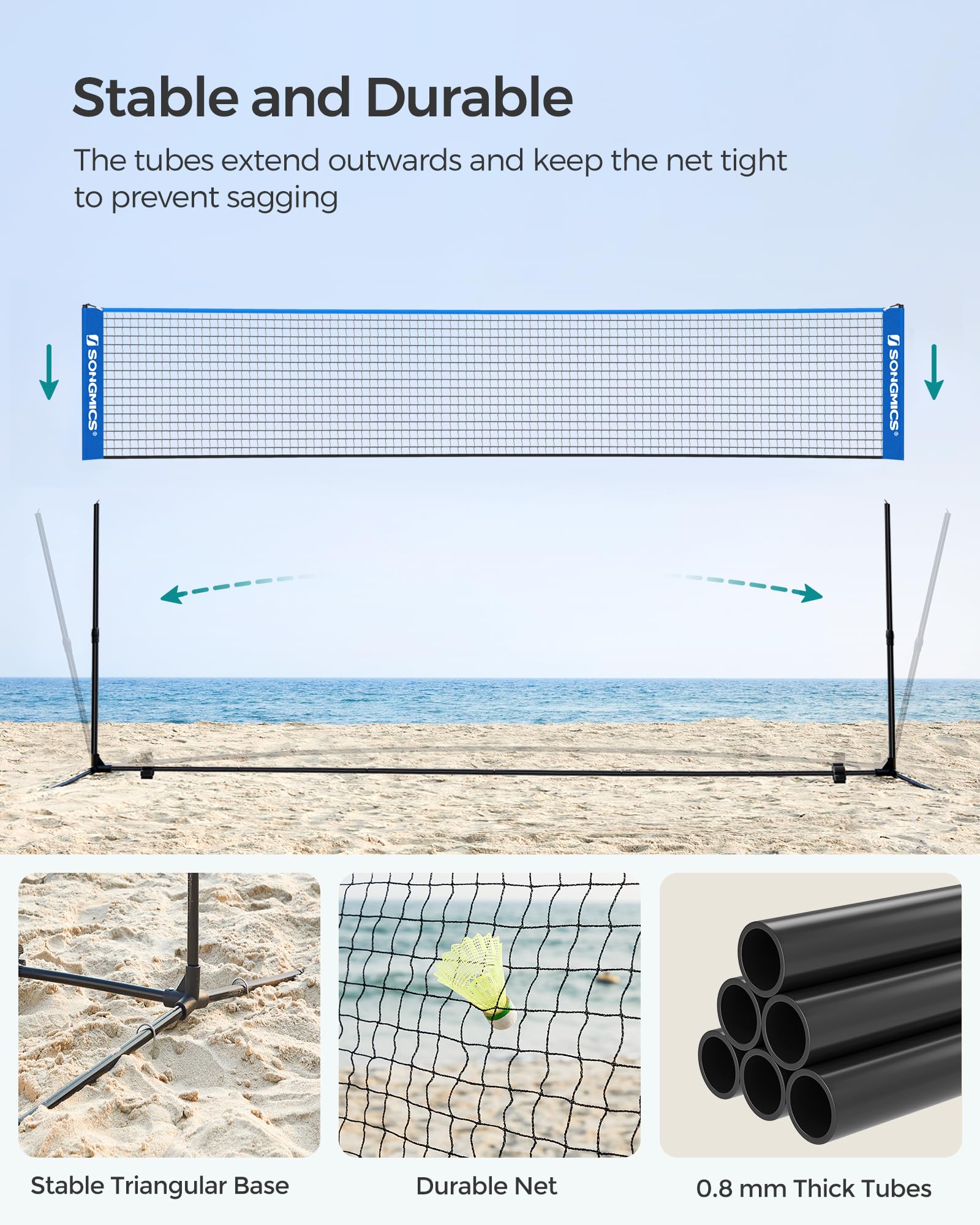 SONGMICS Badminton Net, Height Adjustable Volleyball Net, Pickleball Net for Junior Tennis, Kids, Indoor Outdoor Court, Foldable Nylon Net with Poles 10ft/13ft/16.5ft Wide - Tennis Mindset