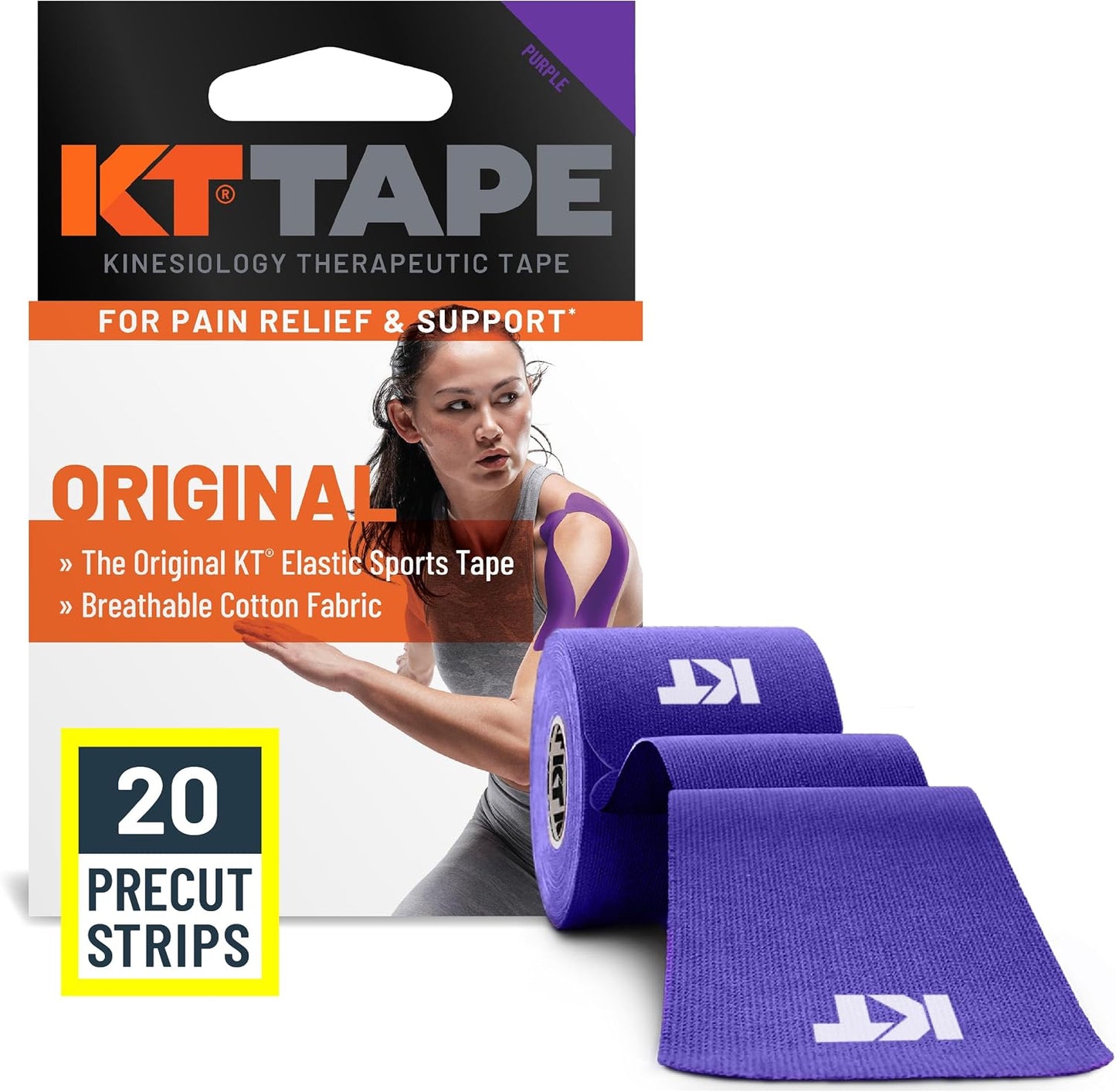 KT Tape, Original Cotton, Elastic Kinesiology Athletic Tape, 20 Count, 10” Precut Strips, Purple - Tennis Mindset