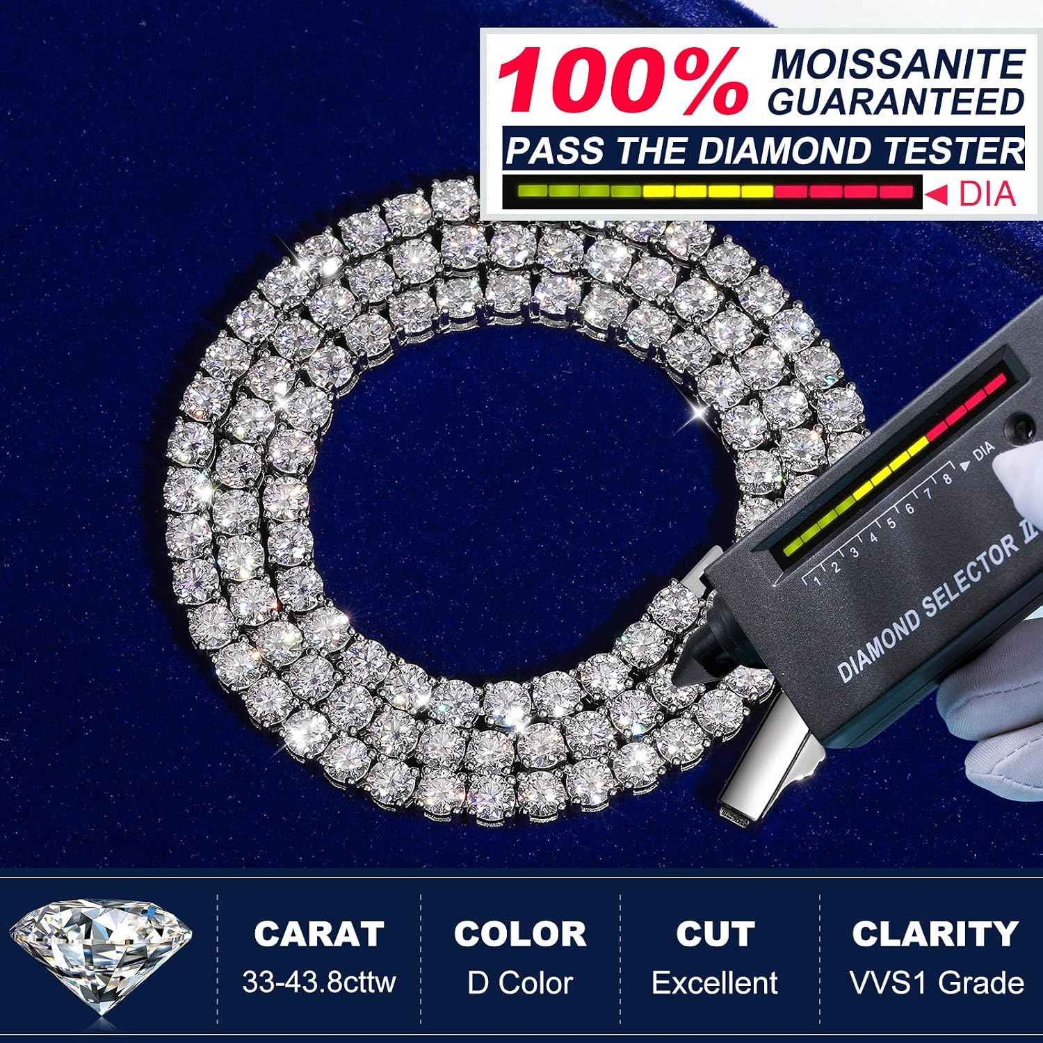 Moissanite Tennis Necklace, 12.4-43.8 Carats Lab Created Simulated Diamond Necklace for Men Women 18k Gold Plated 925 Sterling Silver 3MM 4MM Tennis Certificate Moissanite Necklace Chain Mothers Day - Tennis Mindset