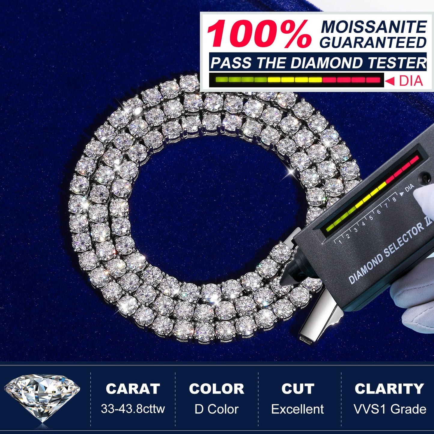 Moissanite Tennis Necklace, 12.4-43.8 Carats Lab Created Simulated Diamond Necklace for Men Women 18k Gold Plated 925 Sterling Silver 3MM 4MM Tennis Certificate Moissanite Necklace Chain Mothers Day - Tennis Mindset