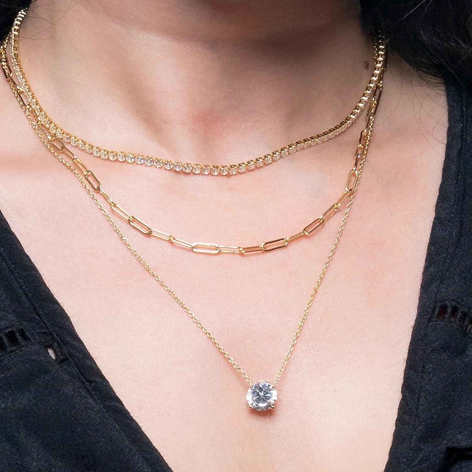 Amazon Essentials 14K Gold Plated Necklace Set of 3 - Tennis Necklace, Paperclip Necklace and Solitaire CZ Pendant - Dainty Hypoallergenic Necklaces for Women - Tennis Mindset