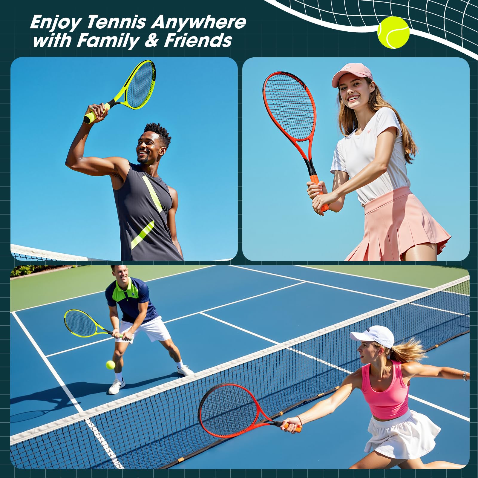 AboveGenius Neon Tennis Rackets 2 Pack for Adults- 27" Lightweight Aluminum Tennis Racquet Set with 3 Balls & Bag- Vibrant High-Visibility Matte Finish for Men Women Beginners - Tennis Mindset