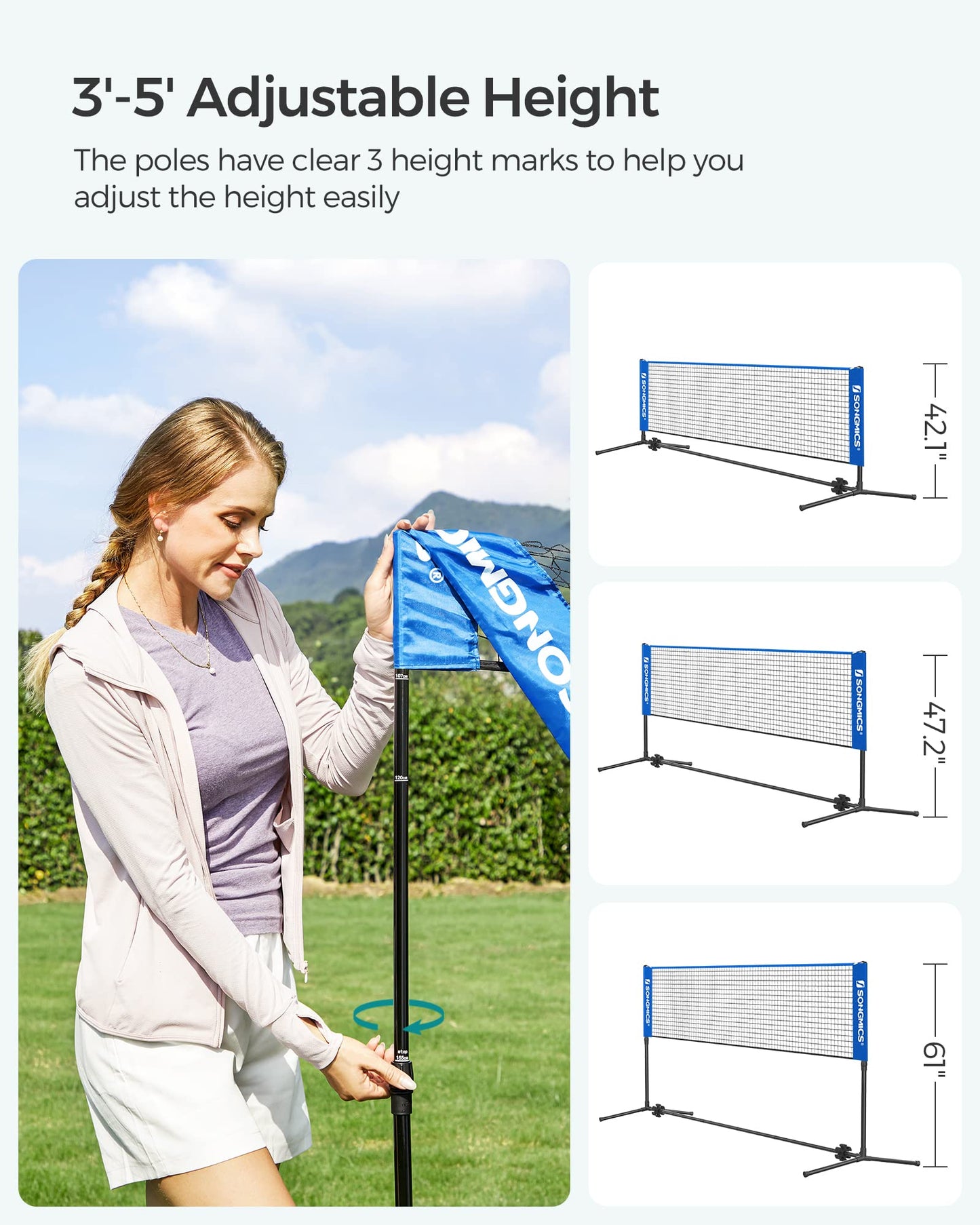 SONGMICS Badminton Net, Height Adjustable Volleyball Net, Pickleball Net for Junior Tennis, Kids, Indoor Outdoor Court, Foldable Nylon Net with Poles 10ft/13ft/16.5ft Wide - Tennis Mindset