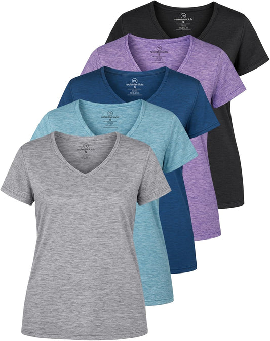 Real Essentials 5 Pack: Women's Dry-Fit Short Sleeve V Neck T Shirt Workout Fitness Yoga Top Tee (Available in Plus Size) - Tennis Mindset