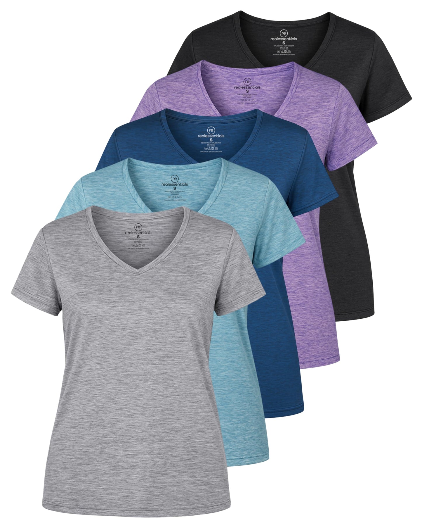 Real Essentials 5 Pack: Women's Dry-Fit Short Sleeve V Neck T Shirt Workout Fitness Yoga Top Tee (Available in Plus Size)