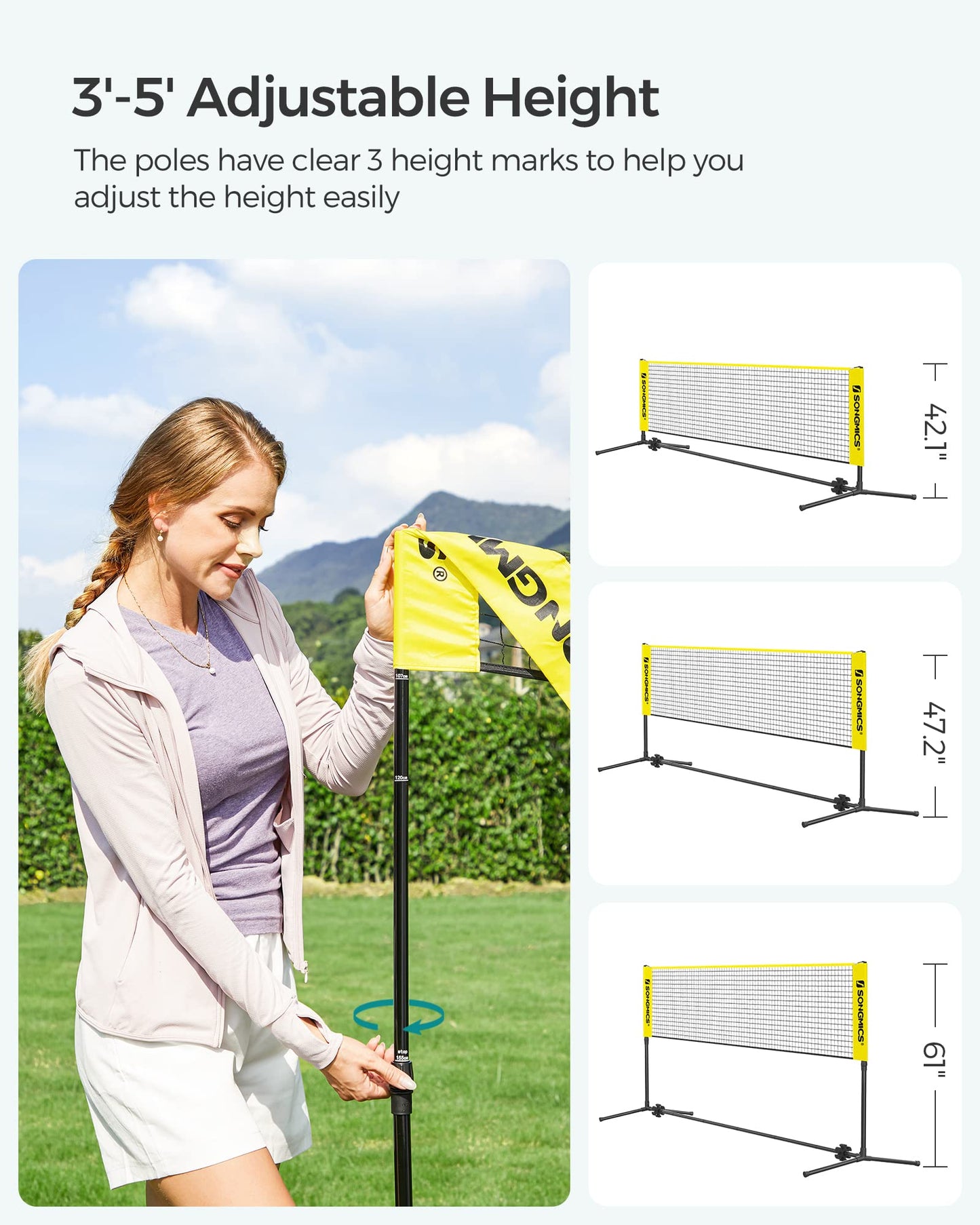 SONGMICS Badminton Net, Height Adjustable Volleyball Net, Pickleball Net for Junior Tennis, Kids, Indoor Outdoor Court, Foldable Nylon Net with Poles 10ft/13ft/16.5ft Wide - Tennis Mindset