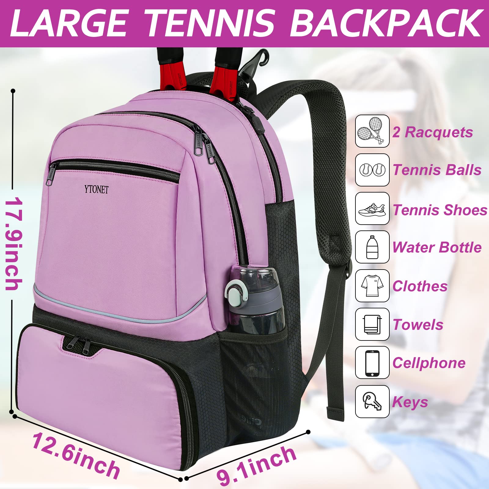 Ytonet Tennis Bag Tennis Backpack for Women Men 2 Rackets - Tennis Mindset