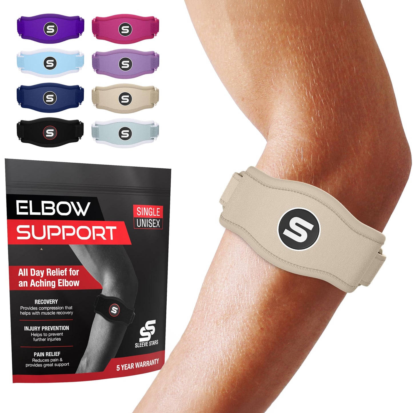 Sleeve Stars Tennis Elbow Brace for Men & Women, Elbow Brace for Tendonitis, Tennis Elbow Strap, Golfers Elbow Brace, Elbow Support Wrap for Tennis Elbow Relief, Fits 9"-23" (Single/Black) - Tennis Mindset