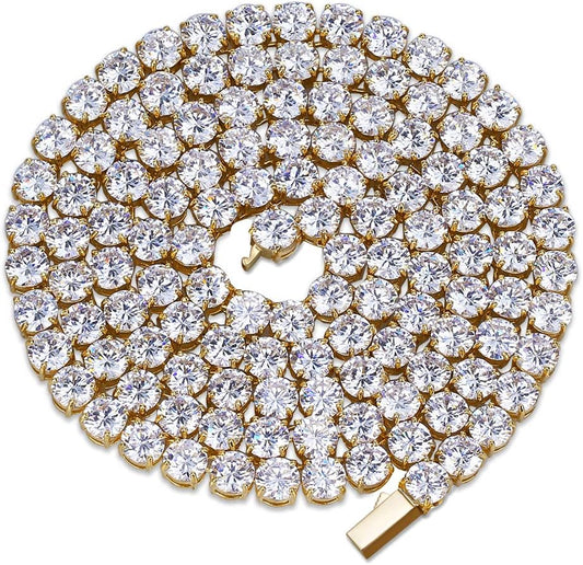 JINAO 6MM Tennis Chain Necklace 18k Gold Plated 1 Row Lab Simulated Diamond Iced Out Cubic Zirconia Chain Men's Hip hop Tennis Choker Necklace Chain for Men Women - Tennis Mindset