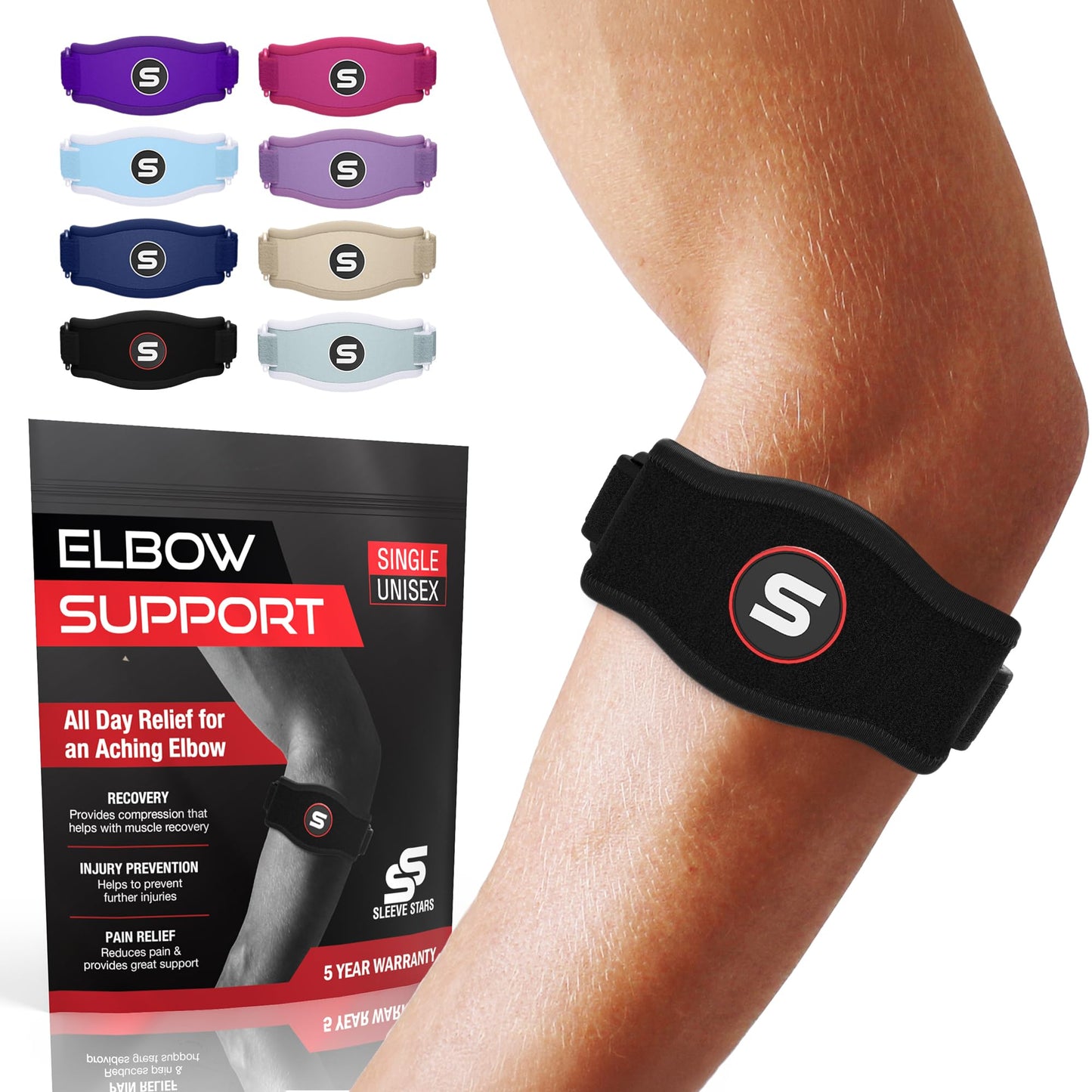 Sleeve Stars Tennis Elbow Brace for Men & Women, Elbow Brace for Tendonitis, Tennis Elbow Strap, Golfers Elbow Brace, Elbow Support Wrap for Tennis Elbow Relief, Fits 9"-23" (Single/Black) - Tennis Mindset