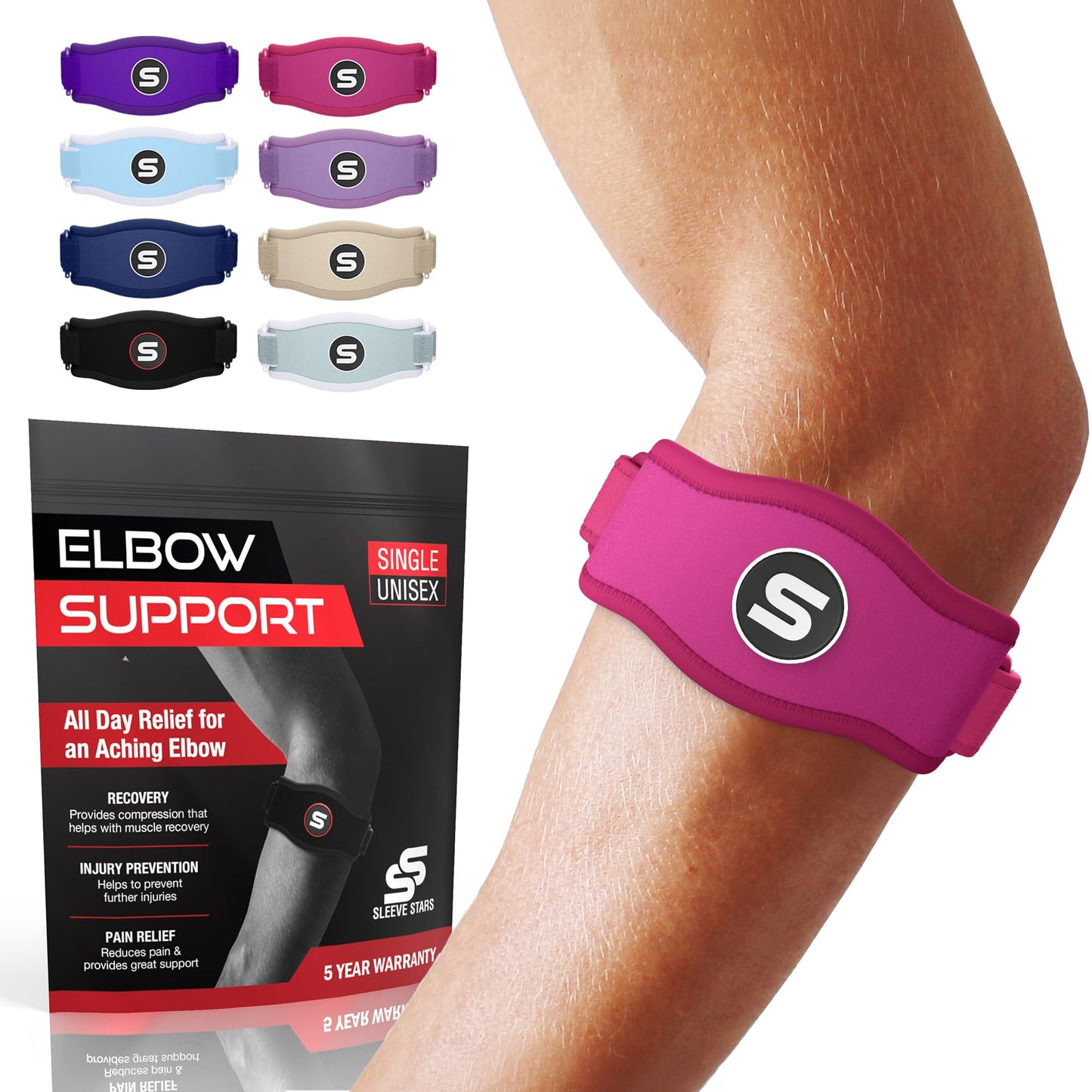 Sleeve Stars Tennis Elbow Brace for Men & Women, Elbow Brace for Tendonitis, Tennis Elbow Strap, Golfers Elbow Brace, Elbow Support Wrap for Tennis Elbow Relief, Fits 9"-23" (Single/Black) - Tennis Mindset