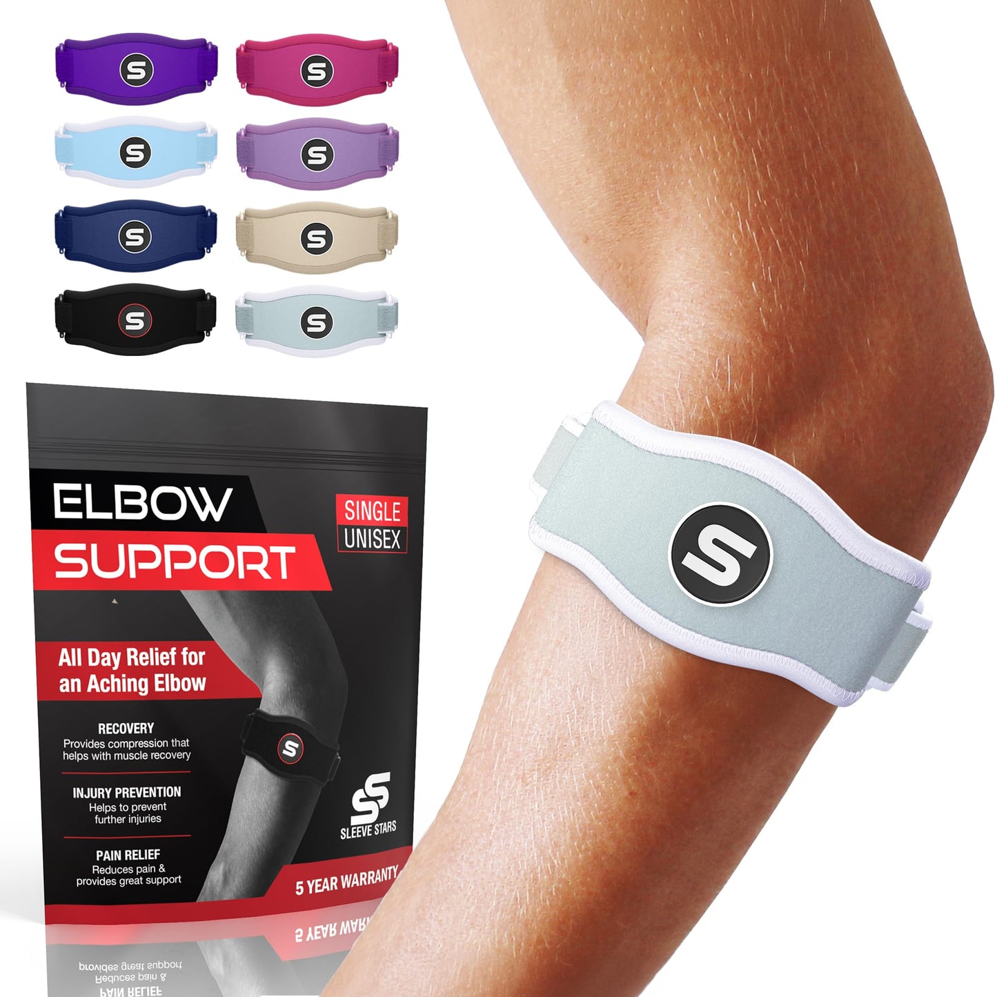 Sleeve Stars Tennis Elbow Brace for Men & Women, Elbow Brace for Tendonitis, Tennis Elbow Strap, Golfers Elbow Brace, Elbow Support Wrap for Tennis Elbow Relief, Fits 9"-23" (Single/Black) - Tennis Mindset