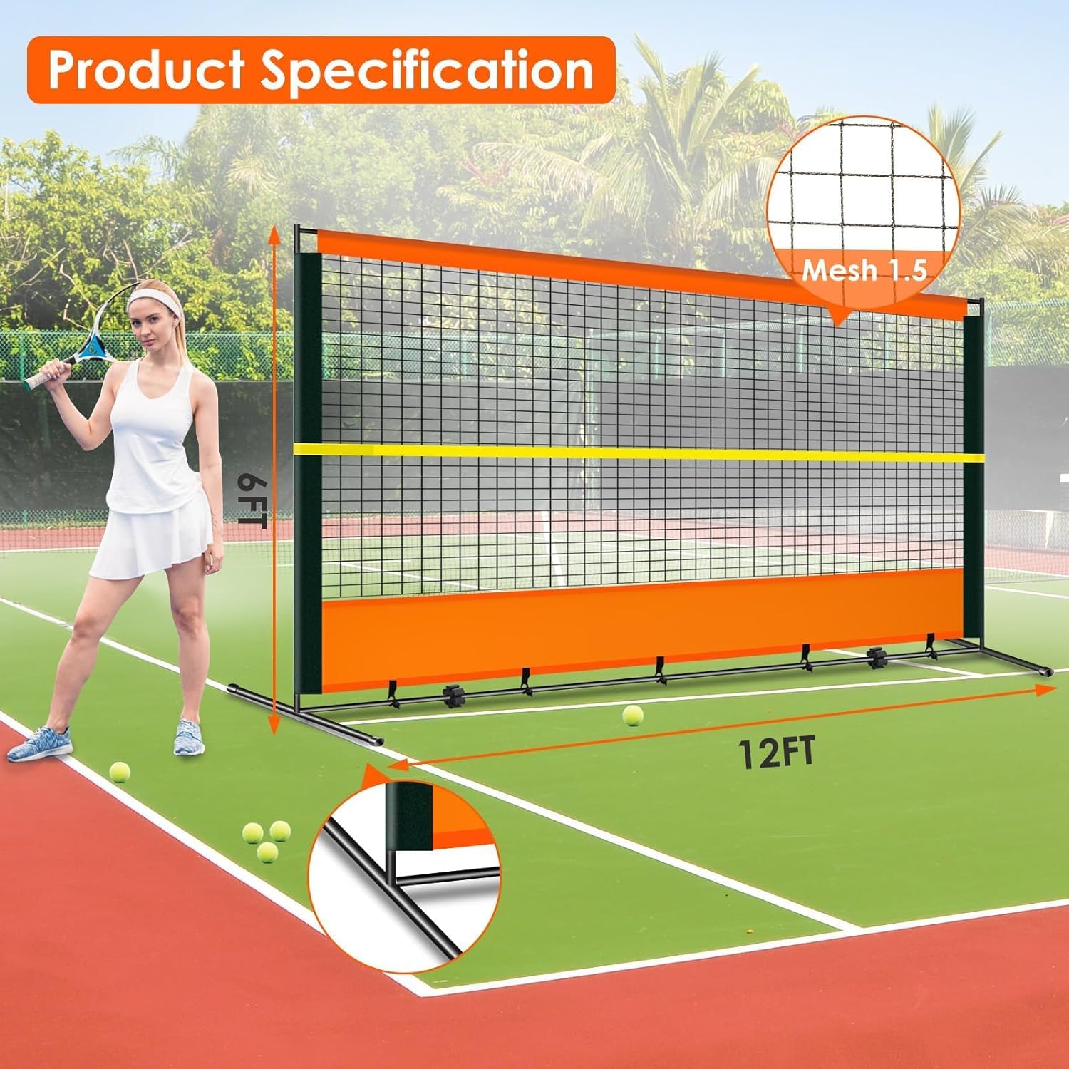 ORIENGEAR Tennis Rebound Practice Wall - 12ft x 6ft Rebounder Net for Racquet Sports, Ball & Pickleball, Training Backboard for Court Backyard and Indoor & Outdoor Use - Tennis Mindset