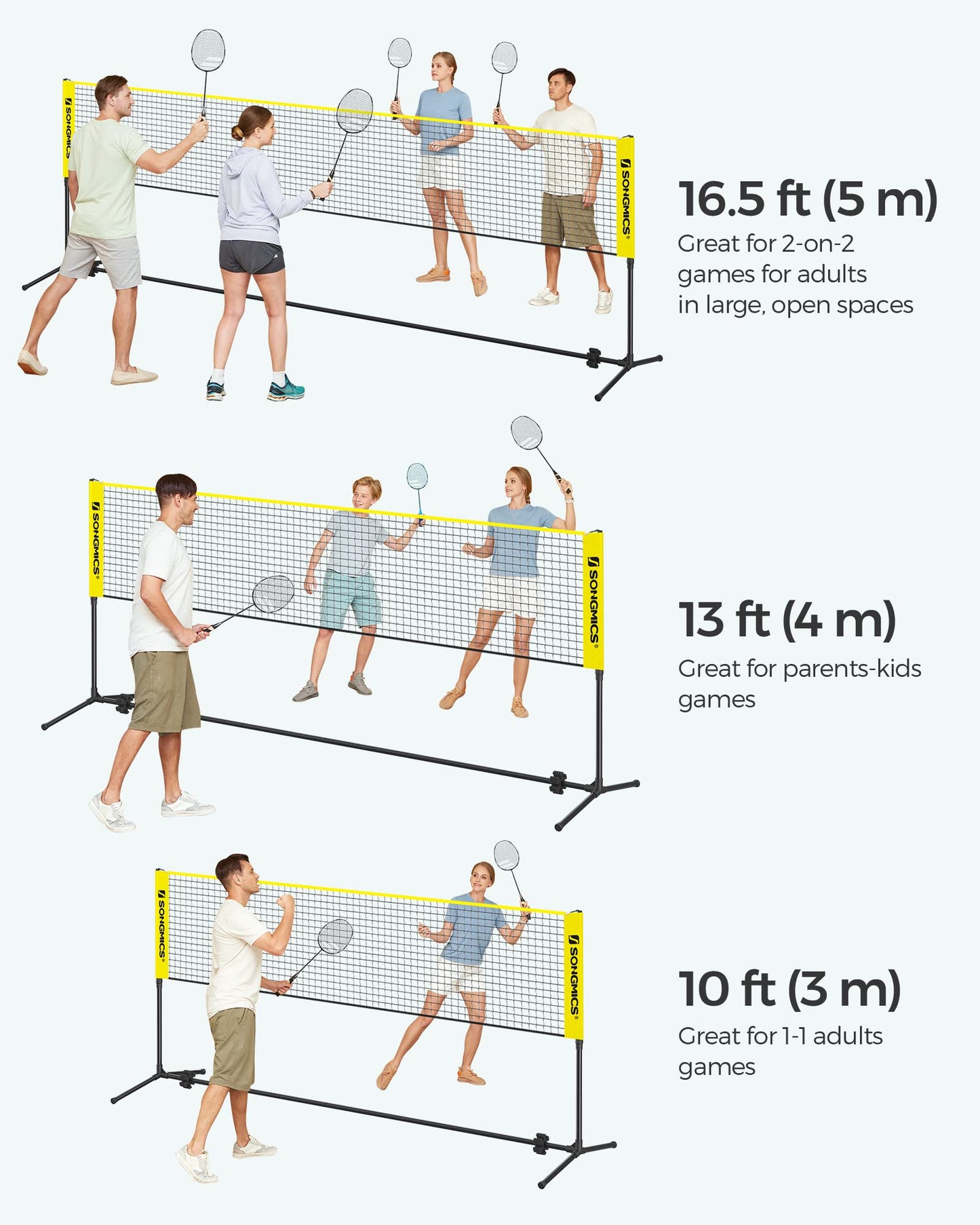 SONGMICS Badminton Net, Height Adjustable Volleyball Net, Pickleball Net for Junior Tennis, Kids, Indoor Outdoor Court, Foldable Nylon Net with Poles 10ft/13ft/16.5ft Wide - Tennis Mindset