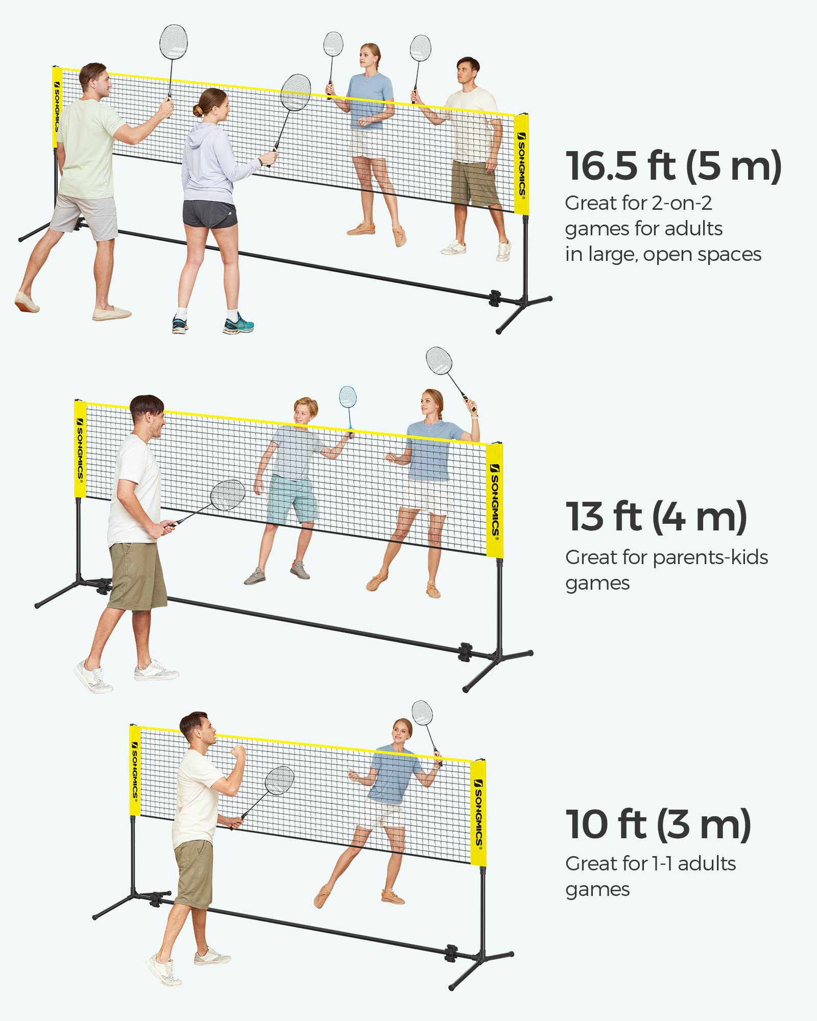 SONGMICS Badminton Net, Height Adjustable Volleyball Net, Pickleball Net for Junior Tennis, Kids, Indoor Outdoor Court, Foldable Nylon Net with Poles 10ft/13ft/16.5ft Wide - Tennis Mindset