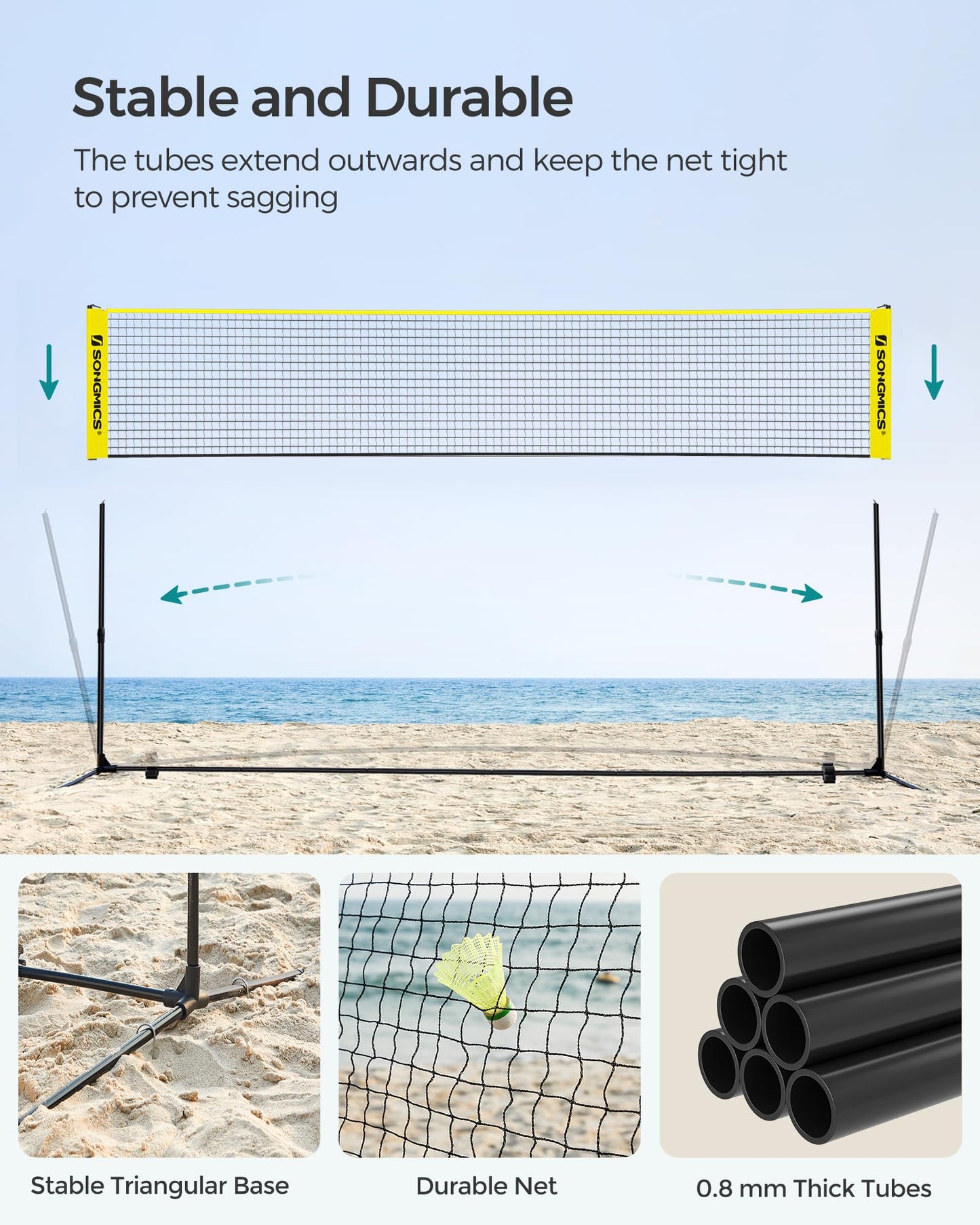 SONGMICS Badminton Net, Height Adjustable Volleyball Net, Pickleball Net for Junior Tennis, Kids, Indoor Outdoor Court, Foldable Nylon Net with Poles 10ft/13ft/16.5ft Wide - Tennis Mindset