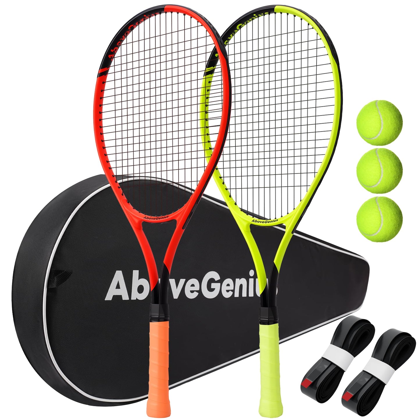 AboveGenius Neon Tennis Rackets 2 Pack for Adults- 27" Lightweight Aluminum Tennis Racquet Set with 3 Balls & Bag- Vibrant High-Visibility Matte Finish for Men Women Beginners - Tennis Mindset