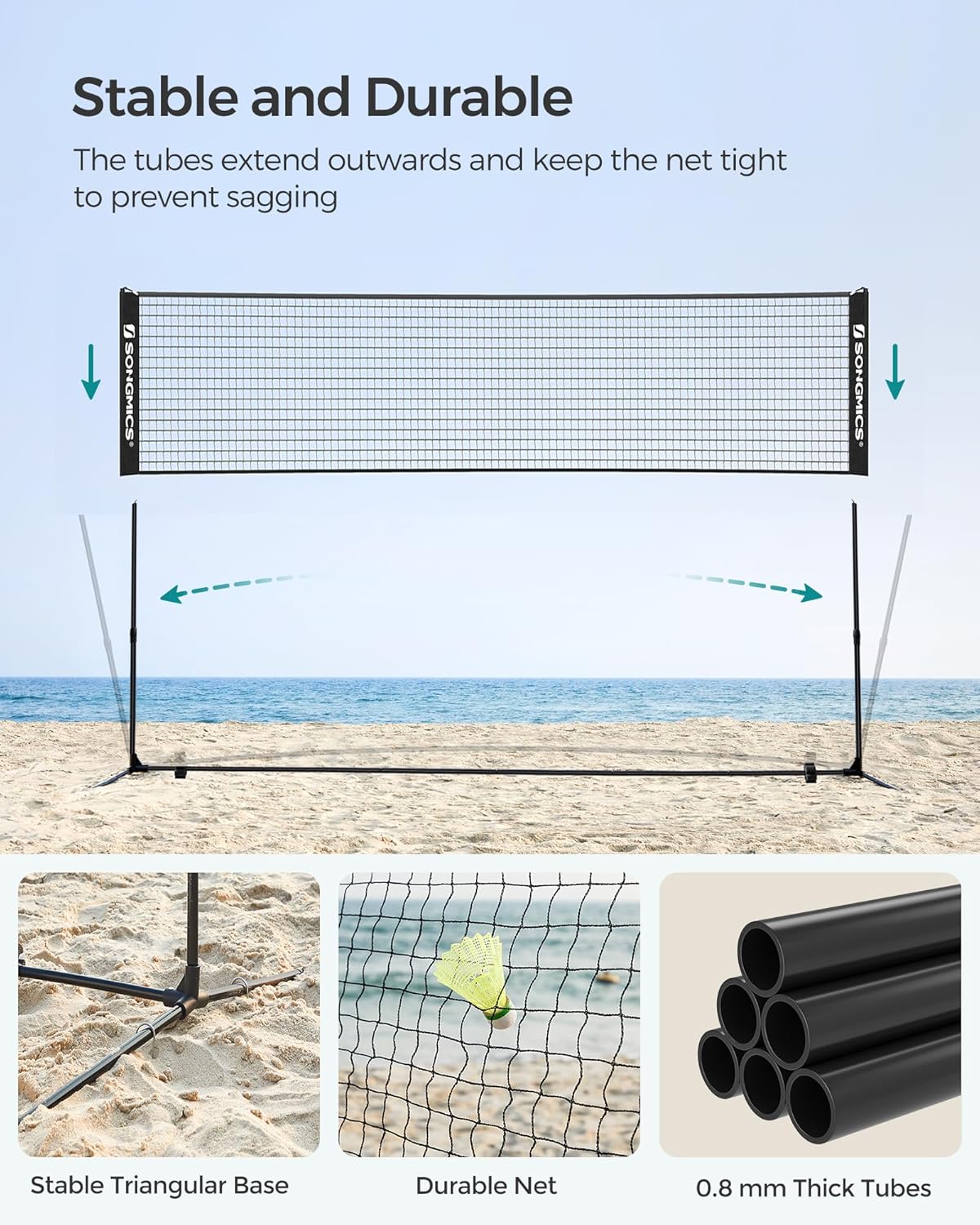 SONGMICS Badminton Net, Height Adjustable Volleyball Net, Pickleball Net for Junior Tennis, Kids, Indoor Outdoor Court, Foldable Nylon Net with Poles 10ft/13ft/16.5ft Wide - Tennis Mindset