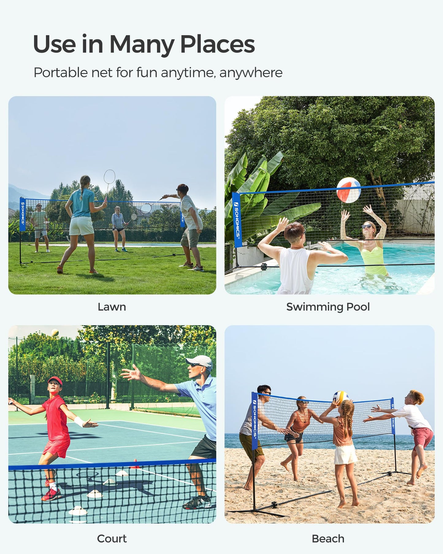 SONGMICS Badminton Net, Height Adjustable Volleyball Net, Pickleball Net for Junior Tennis, Kids, Indoor Outdoor Court, Foldable Nylon Net with Poles 10ft/13ft/16.5ft Wide - Tennis Mindset