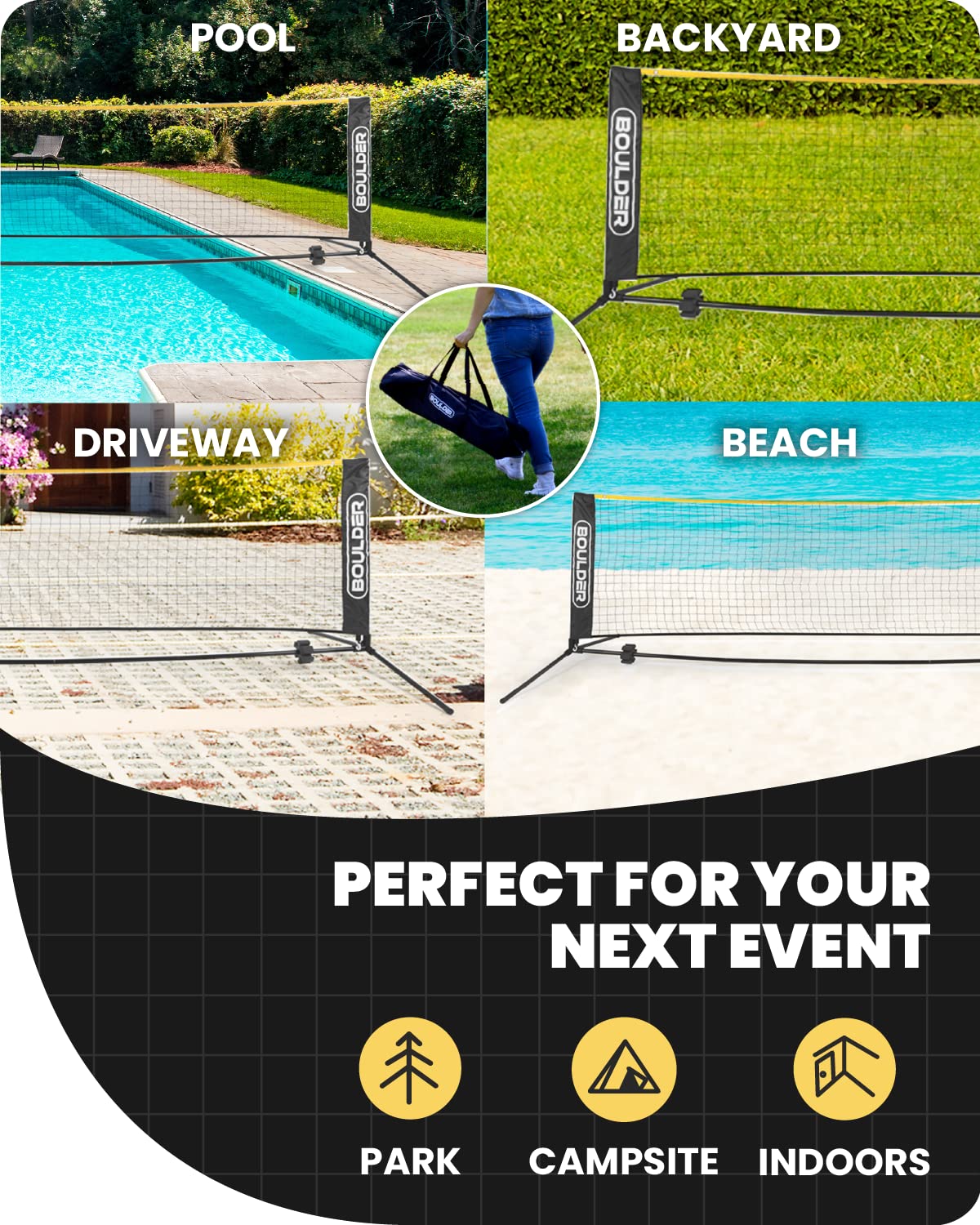 Boulder Portable Badminton Pickleball Net - Foldable/Extendable Poles for Multiple Sports Heights (UP to 5 ft) - Ideal for Tennis, Pickleball, Soccer Tennis - Easy Setup - Tennis Mindset