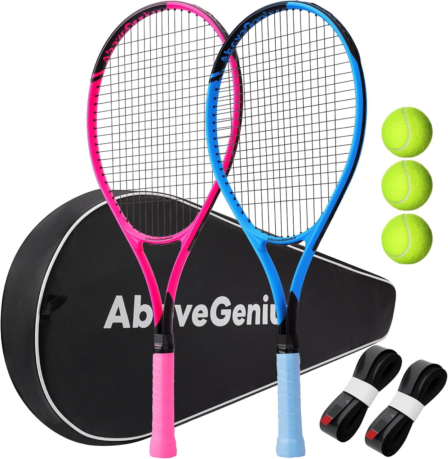 AboveGenius Neon Tennis Rackets 2 Pack for Adults- 27" Lightweight Aluminum Tennis Racquet Set with 3 Balls & Bag- Vibrant High-Visibility Matte Finish for Men Women Beginners - Tennis Mindset