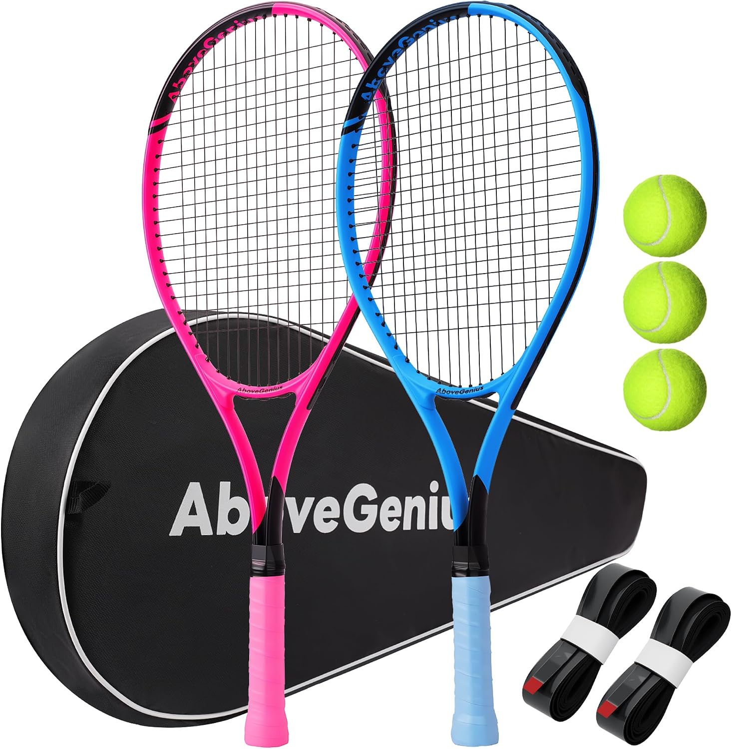 AboveGenius Neon Tennis Rackets 2 Pack for Adults- 27" Lightweight Aluminum Tennis Racquet Set with 3 Balls & Bag- Vibrant High-Visibility Matte Finish for Men Women Beginners - Tennis Mindset