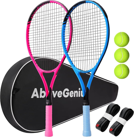 AboveGenius Neon Tennis Rackets 2 Pack for Adults- 27" Lightweight Aluminum Tennis Racquet Set with 3 Balls & Bag- Vibrant High-Visibility Matte Finish for Men Women Beginners - Tennis Mindset