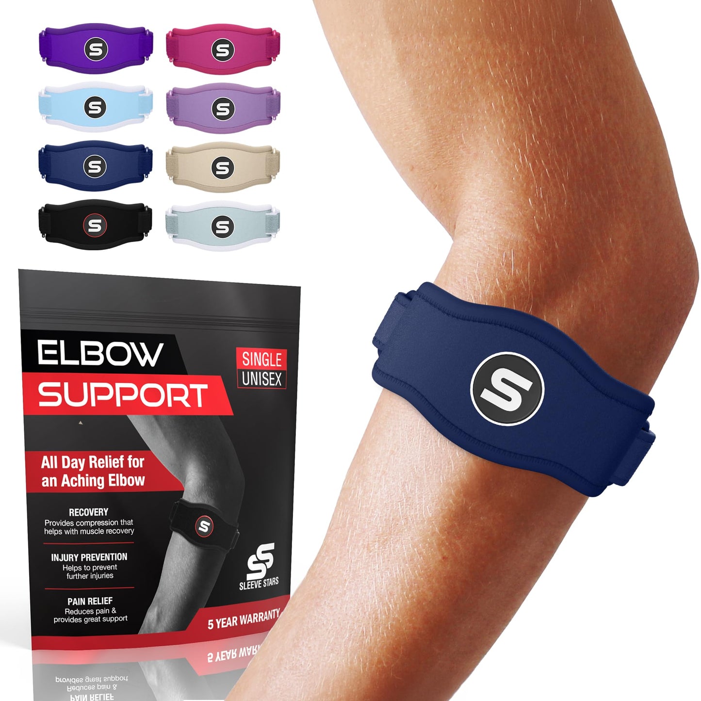 Sleeve Stars Tennis Elbow Brace for Men & Women, Elbow Brace for Tendonitis, Tennis Elbow Strap, Golfers Elbow Brace, Elbow Support Wrap for Tennis Elbow Relief, Fits 9"-23" (Single/Black) - Tennis Mindset