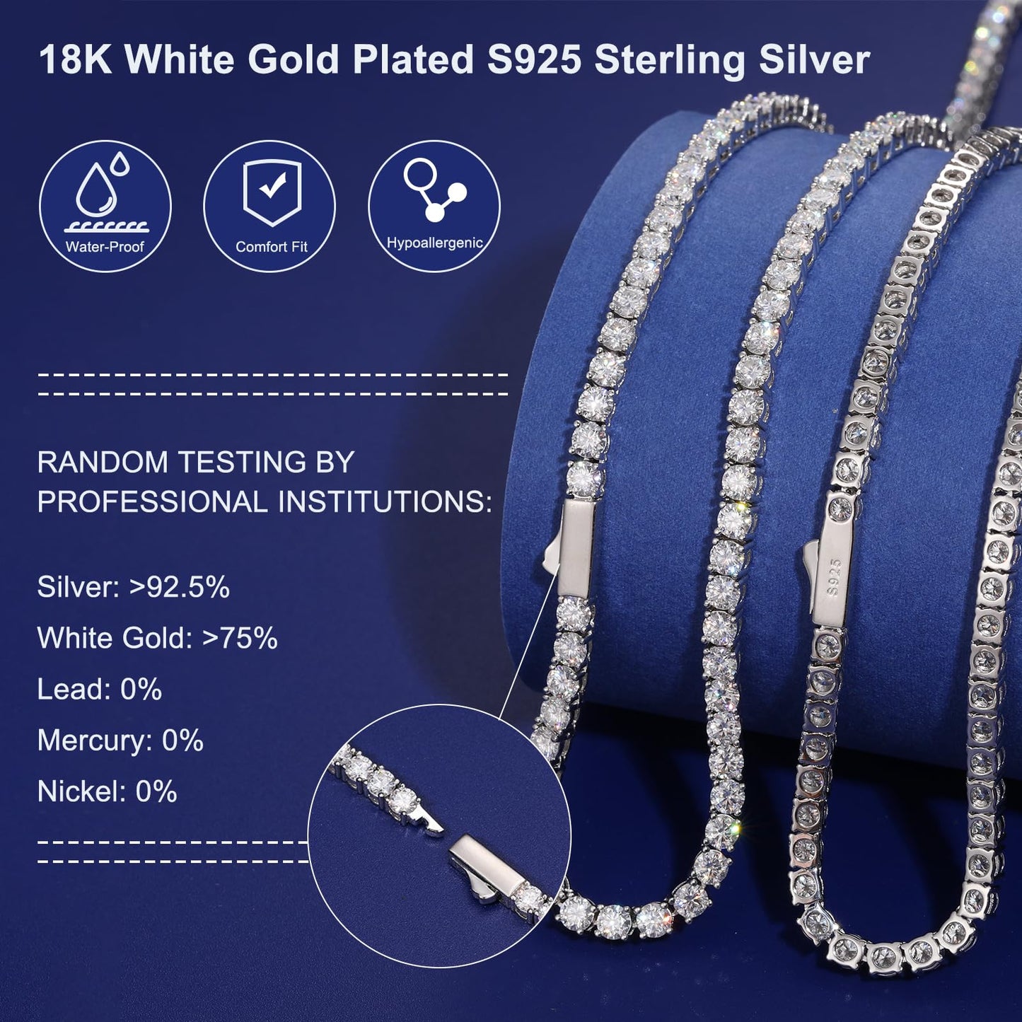 Moissanite Tennis Necklace, 12.4-43.8 Carats Lab Created Simulated Diamond Necklace for Men Women 18k Gold Plated 925 Sterling Silver 3MM 4MM Tennis Certificate Moissanite Necklace Chain Mothers Day - Tennis Mindset