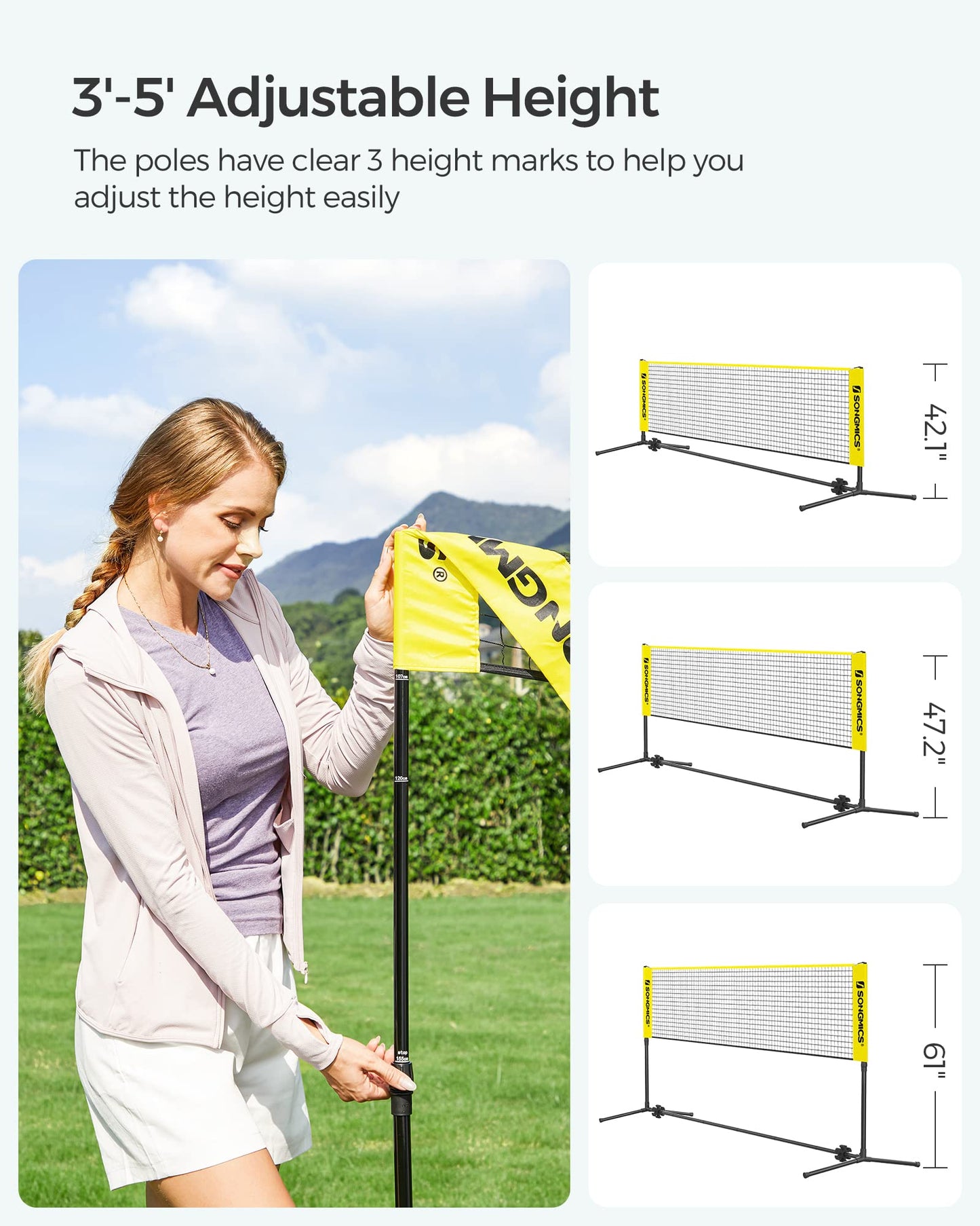 SONGMICS Badminton Net, Height Adjustable Volleyball Net, Pickleball Net for Junior Tennis, Kids, Indoor Outdoor Court, Foldable Nylon Net with Poles 10ft/13ft/16.5ft Wide - Tennis Mindset
