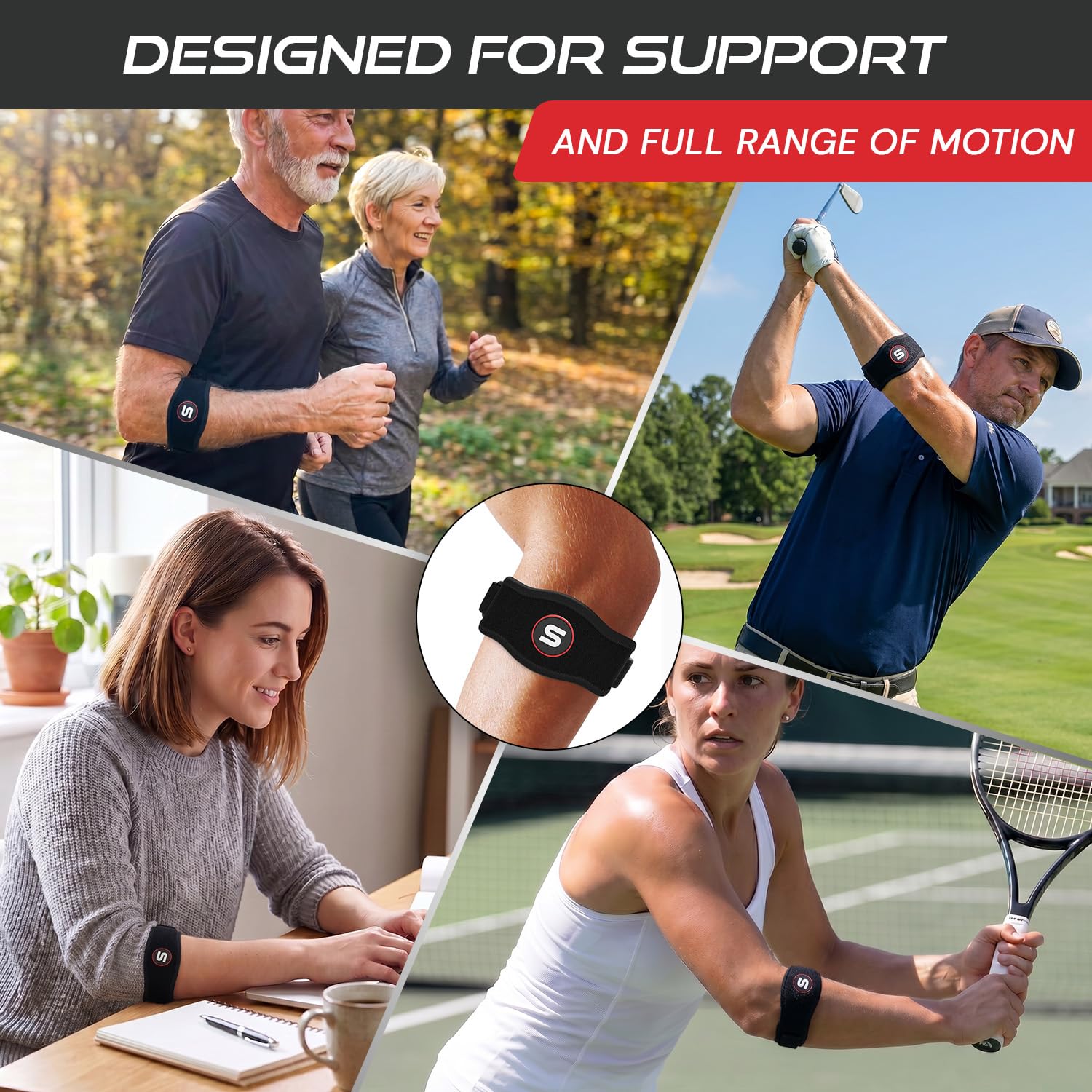 Sleeve Stars Tennis Elbow Brace for Men & Women, Elbow Brace for Tendonitis, Tennis Elbow Strap, Golfers Elbow Brace, Elbow Support Wrap for Tennis Elbow Relief, Fits 9"-23" (Single/Black) - Tennis Mindset