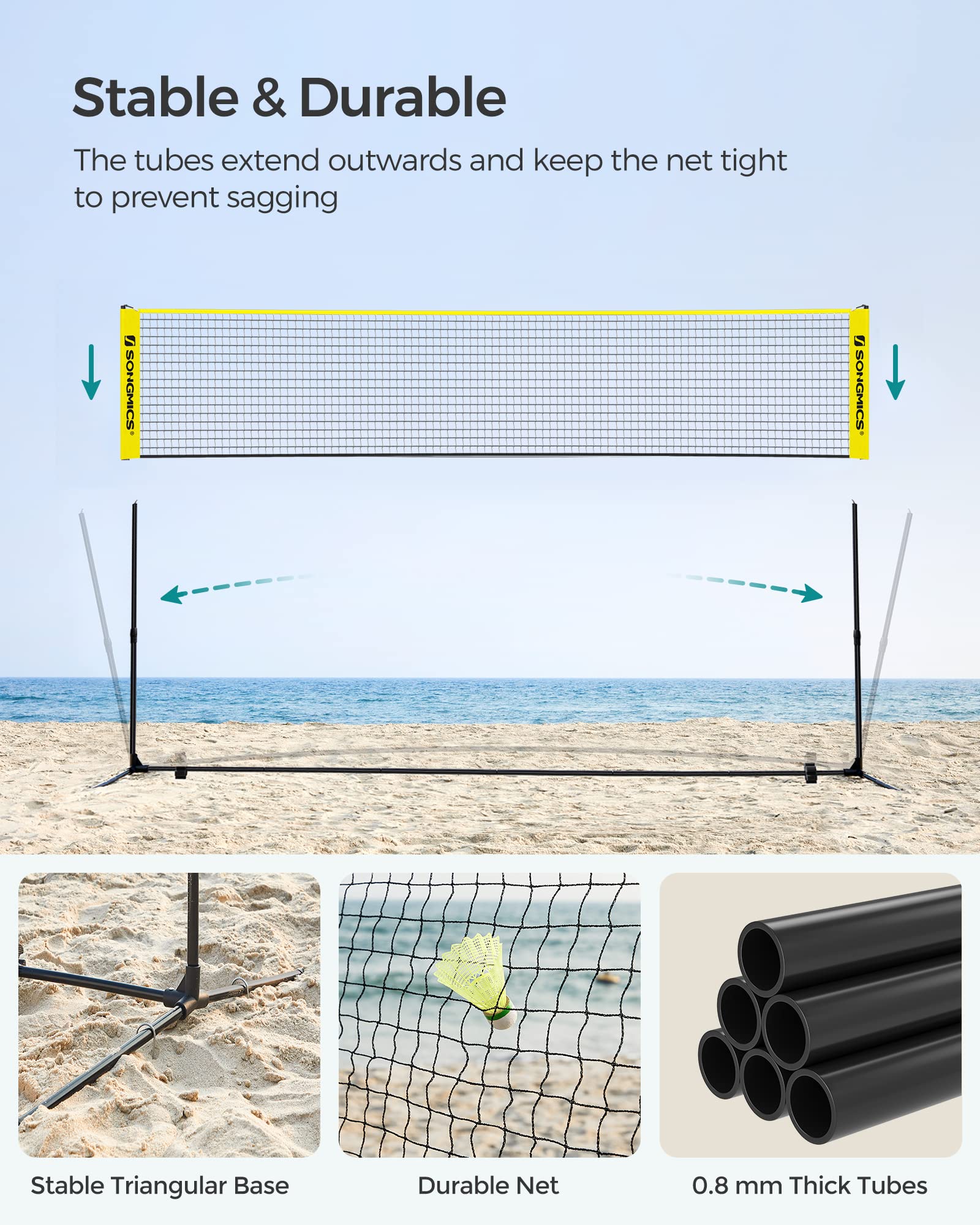 SONGMICS Badminton Net, Height Adjustable Volleyball Net, Pickleball Net for Junior Tennis, Kids, Indoor Outdoor Court, Foldable Nylon Net with Poles 10ft/13ft/16.5ft Wide - Tennis Mindset