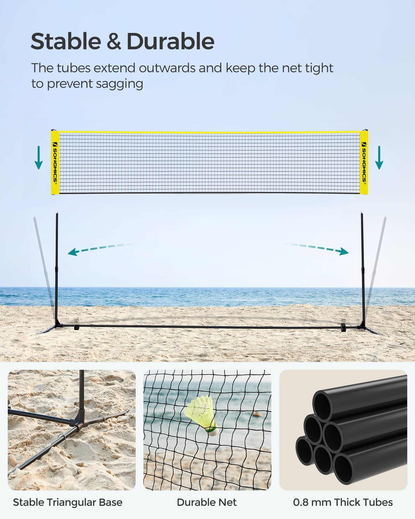 SONGMICS Badminton Net, Height Adjustable Volleyball Net, Pickleball Net for Junior Tennis, Kids, Indoor Outdoor Court, Foldable Nylon Net with Poles 10ft/13ft/16.5ft Wide - Tennis Mindset