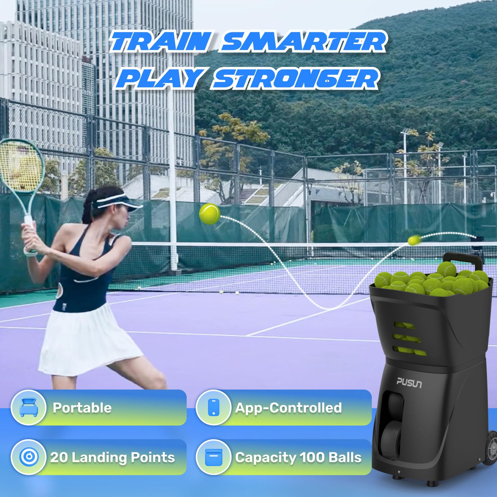 PUSUN｜PT-Smart Tennis Ball Machine: App Control with 12 Built-in Training Modes,6-Level Spin,28-Pt,75 MPH,32.6 lbs,100+ Ball,5H Battery, Portable, for Tennis/Padel,Training, Practice,Beginners to Pros - Tennis Mindset