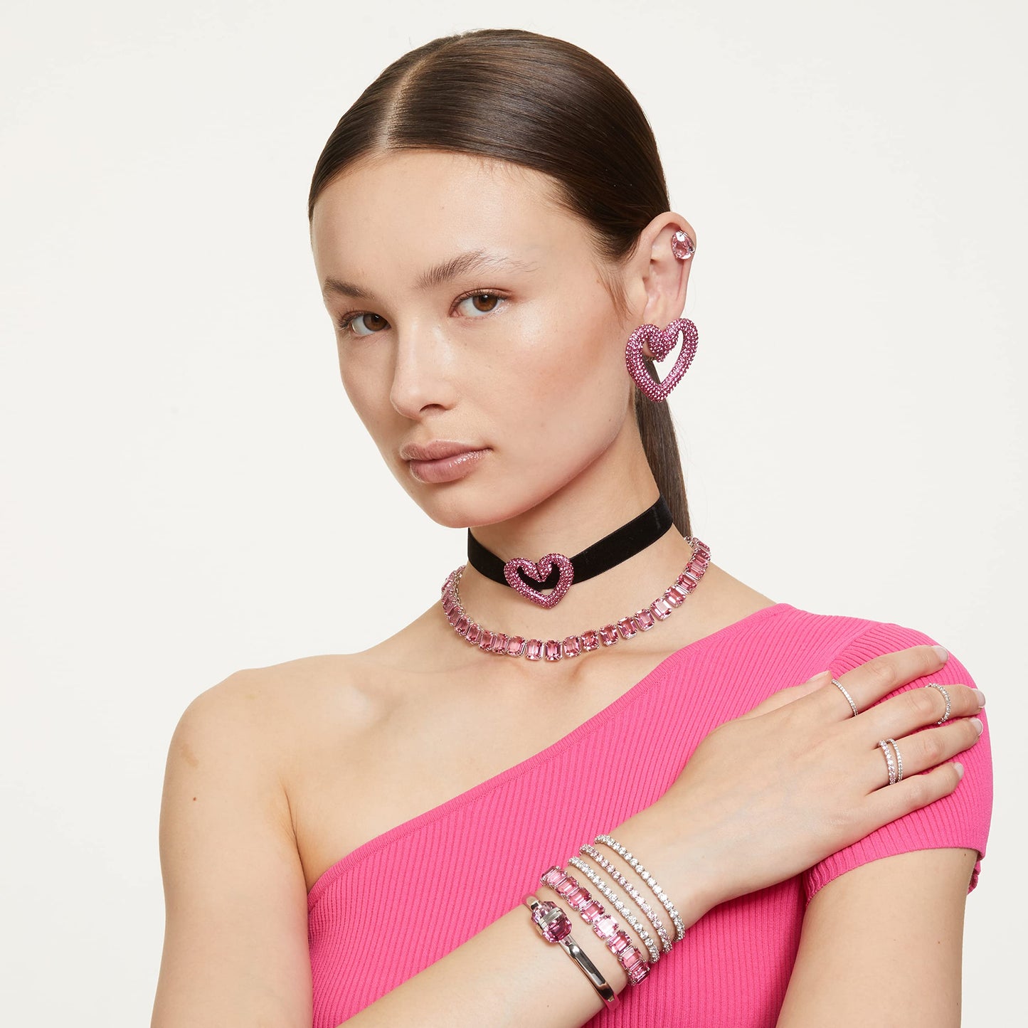 Swarovski Matrix Tennis Bracelet, Round Cut Crystals, Pink, Blue, Black, Clear, Rhodium, Gold-Tone and Rose Gold-Tone Finishes
